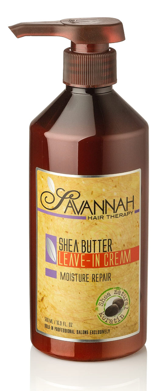 Savannah Hair Therapy Leave-in Cream Conditioner for Dry Damaged & Color Treated Hair with Shea Butter, Keratin & Silk Protein, Moisturizing Treatment for All Hair Types - 16.9oz/500ml