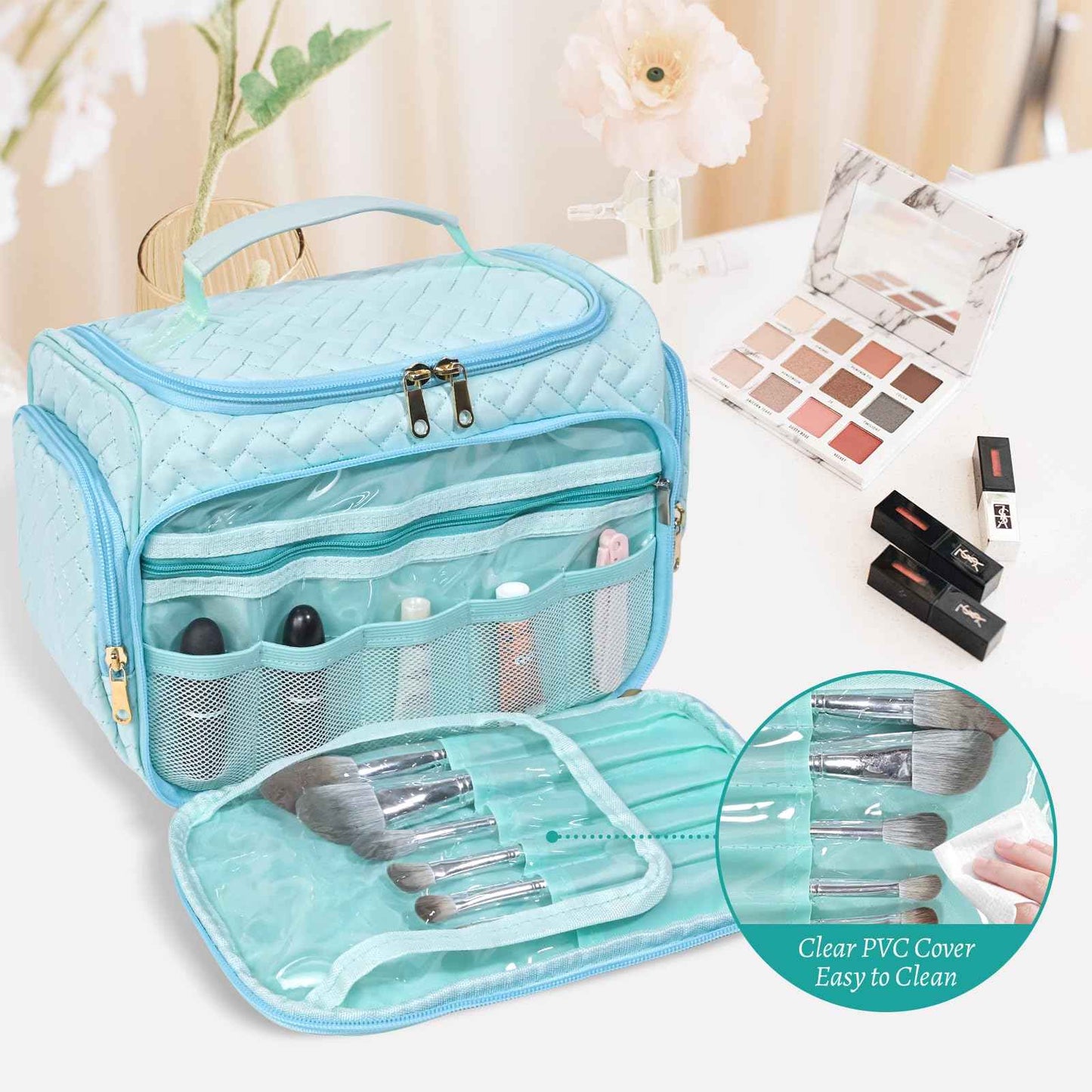 HDKJDPG Large Makeup Bag Organizer with Brush Storage,Travel Makeup Bag with Compartments for Travel Cosmetic Bags for Women (Blue)
