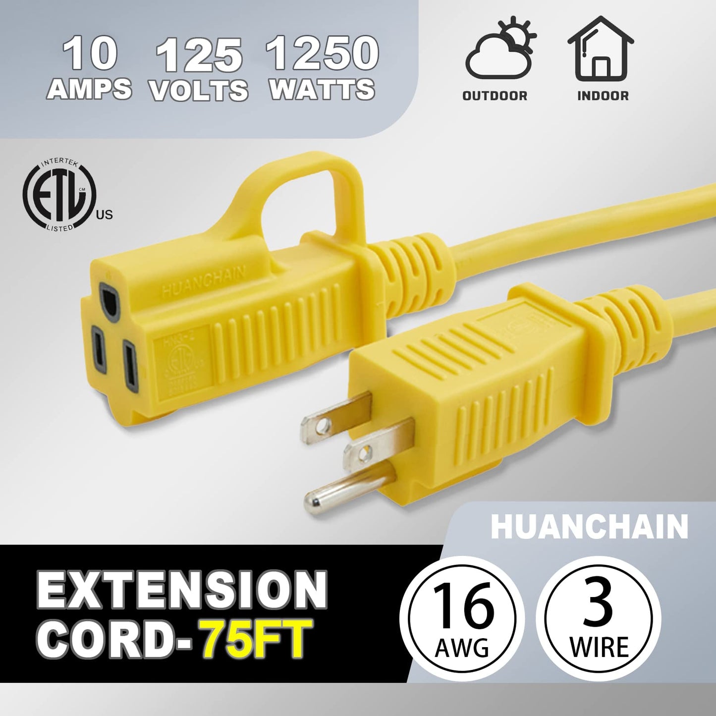 HUANCHAIN Outdoor Extension Cord 75 Foot Waterproof, 16/3 Gauge Flexible Cold-Resistant Appliance Extension Cord Outside, 10A 1250W 16AWG SJTW, 3 Prong Heavy Duty Electric Cord Yellow, ETL