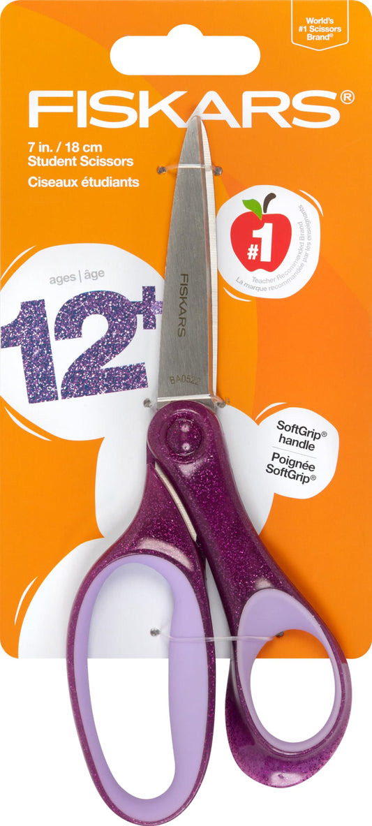 Fiskars 7" SoftGrip Student Glitter Scissors for Kids Ages 12-14, Scissors for School or Crafting, Back to School Supplies, Purple Glitter