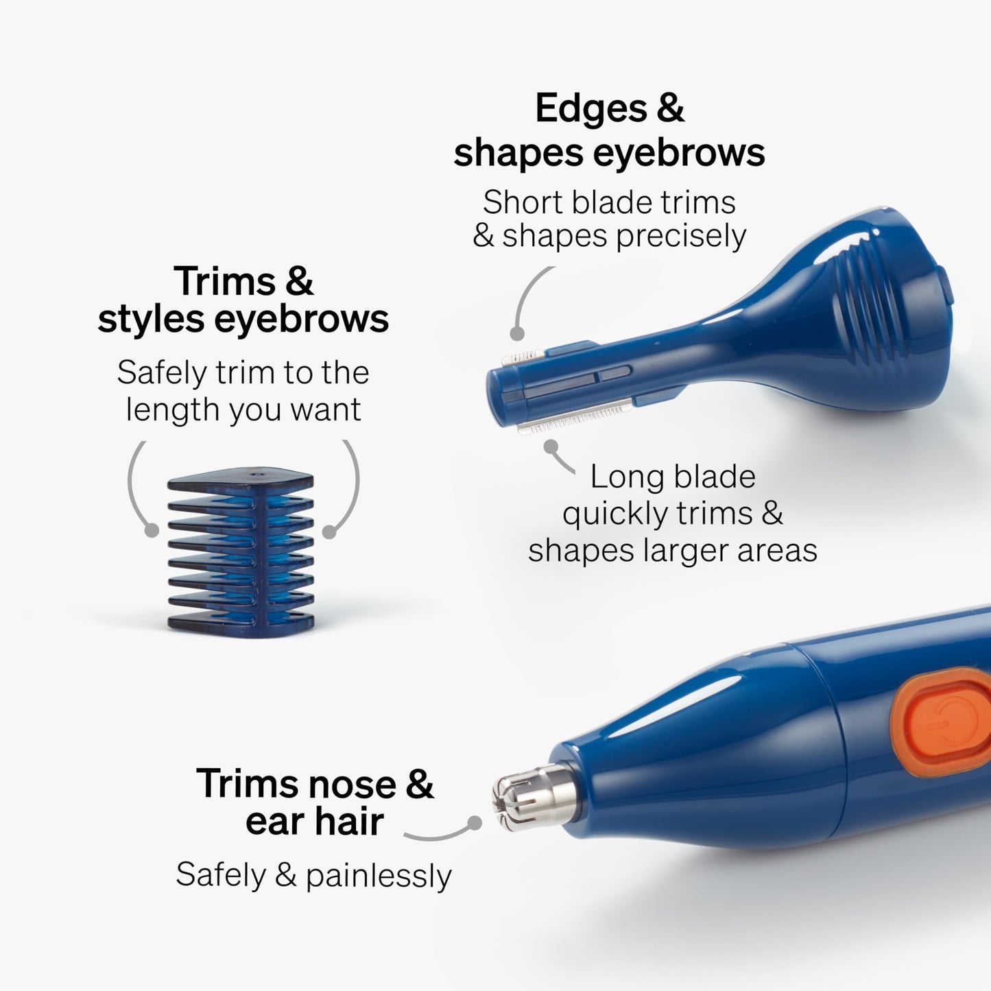 Schick Hair Trimmer, 3-in-1 Trimmer for Nose, Ear & Eyebrows, Painless Hair Removal, Cordless, Quick-Change Attachments, Waterproof, Expert Finish, Unisex Grooming