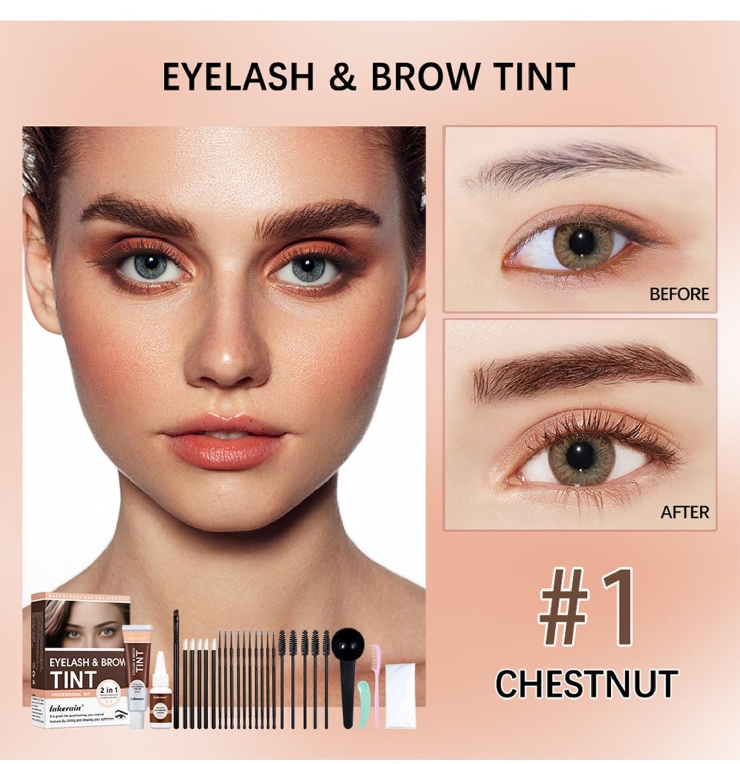 Eyelash and Brow Tint Kit, Natural Volumizing Eyebrow & Eyelash Color Kit, Long-lasting for 4-8 Weeks, Waterproof and Non-fading, DIY Use At Salon Or Home Professional Eyelash Treatment (Chestnut)