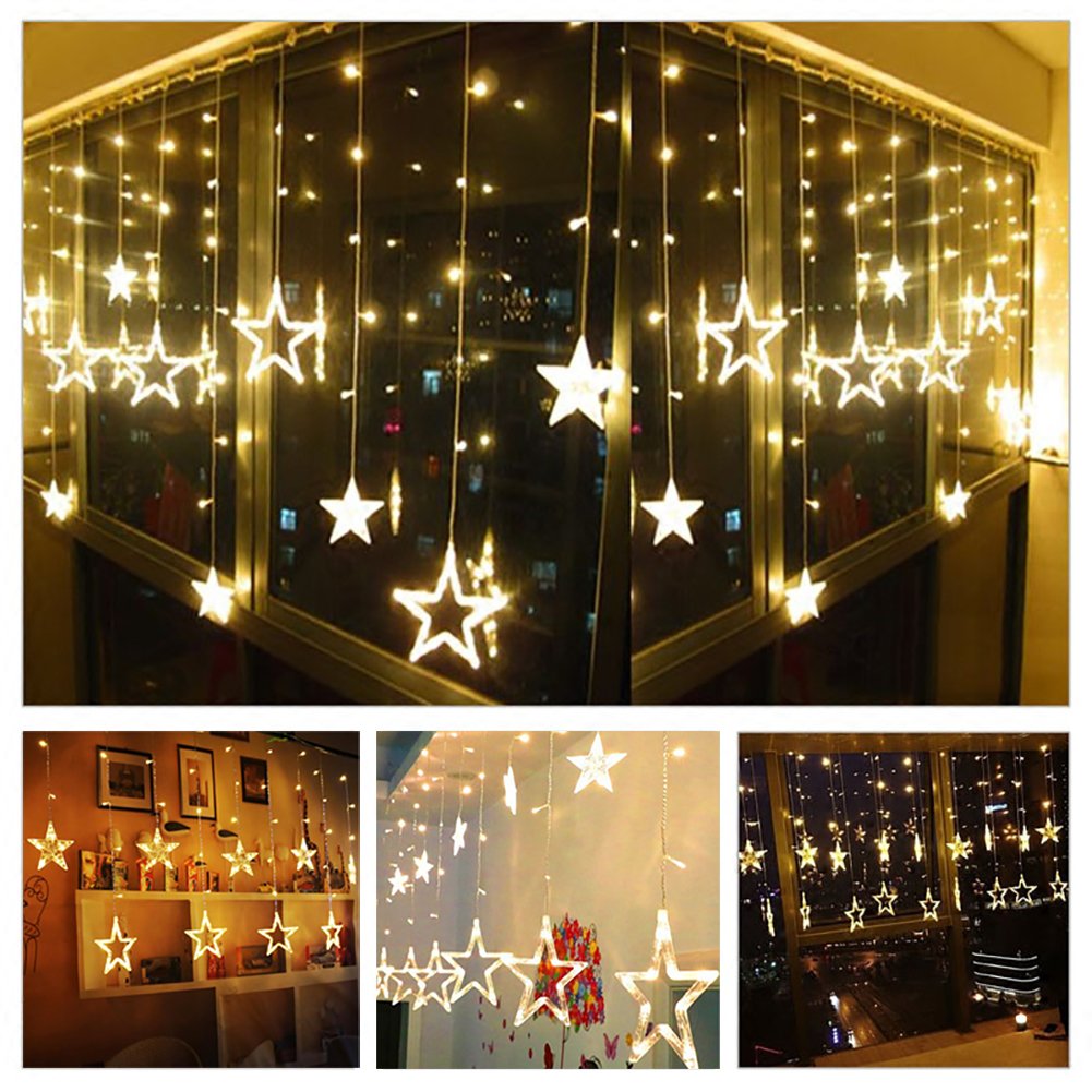 Twinkle Star 12 Stars 138 LED Curtain String Lights, Window Curtain Lights with 8 Flashing Modes Ramadan Decoration for Christmas, Wedding, Party, Home Decorations,Warm White