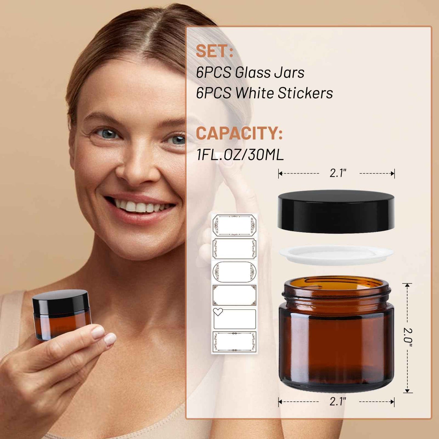 AuroTrends 1 oz Glass Jars with Lids 6Pack- Mini Amber Glass Jar/Cosmetic Containers with UV Protection,Travel Labels (30ml, Set of 6)