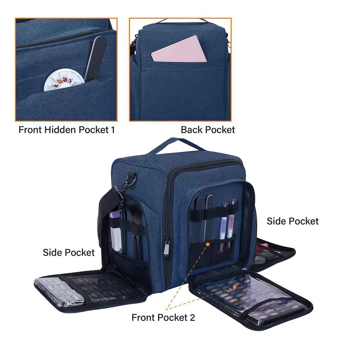 UOZL Nail Polish Organizer Case Holds 60 Bottles Portable Travel Storage Box with 2 Detachable Bags, Designed for Women's Nail Tools, Essential Oils and Cosmetics Sets Blue