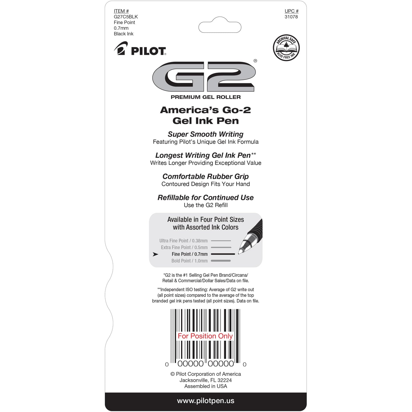 Pilot, G2 Premium Gel Roller Pens, Fine Point 0.7 mm, Black, Pack of 5