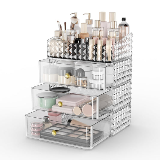Rosoenvi Makeup Organizer for Vanity, Stackable Cosmetics Organizer and Storage, Cosmetic Display Cases with 3 Drawers and 1 Tray for Makeup Brush, Hair Accessories, Lipstick and Jewelr, Clear