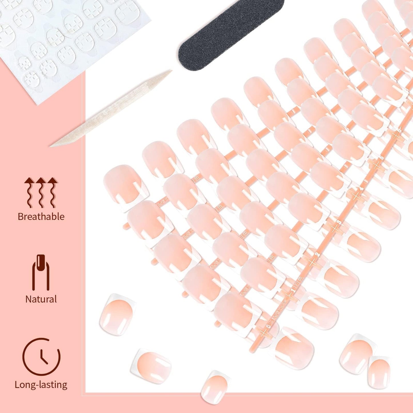 LIARTY 120 Pcs French Press On Nails Short Square, French Tip False Nails Manicure, 12 Size Acrylic Full Cover Artificial Fake Nails with Simple Case, Natural