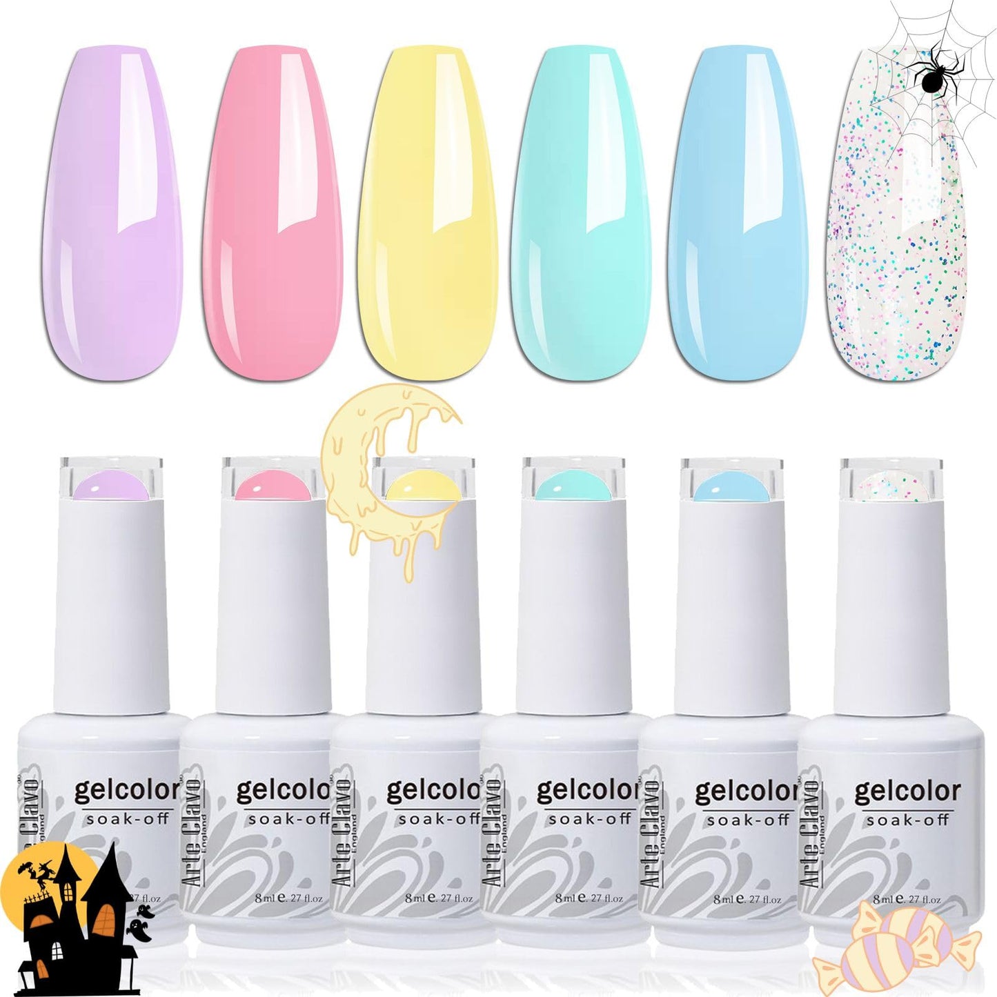 Arte Clavo 8ml Pastel Color Gel Polish Set- 6 Colors Transparent Jelly Blue Yellow Pink Soak off UV Gel Nail Polish for Salon Spring Summer for Women S604…