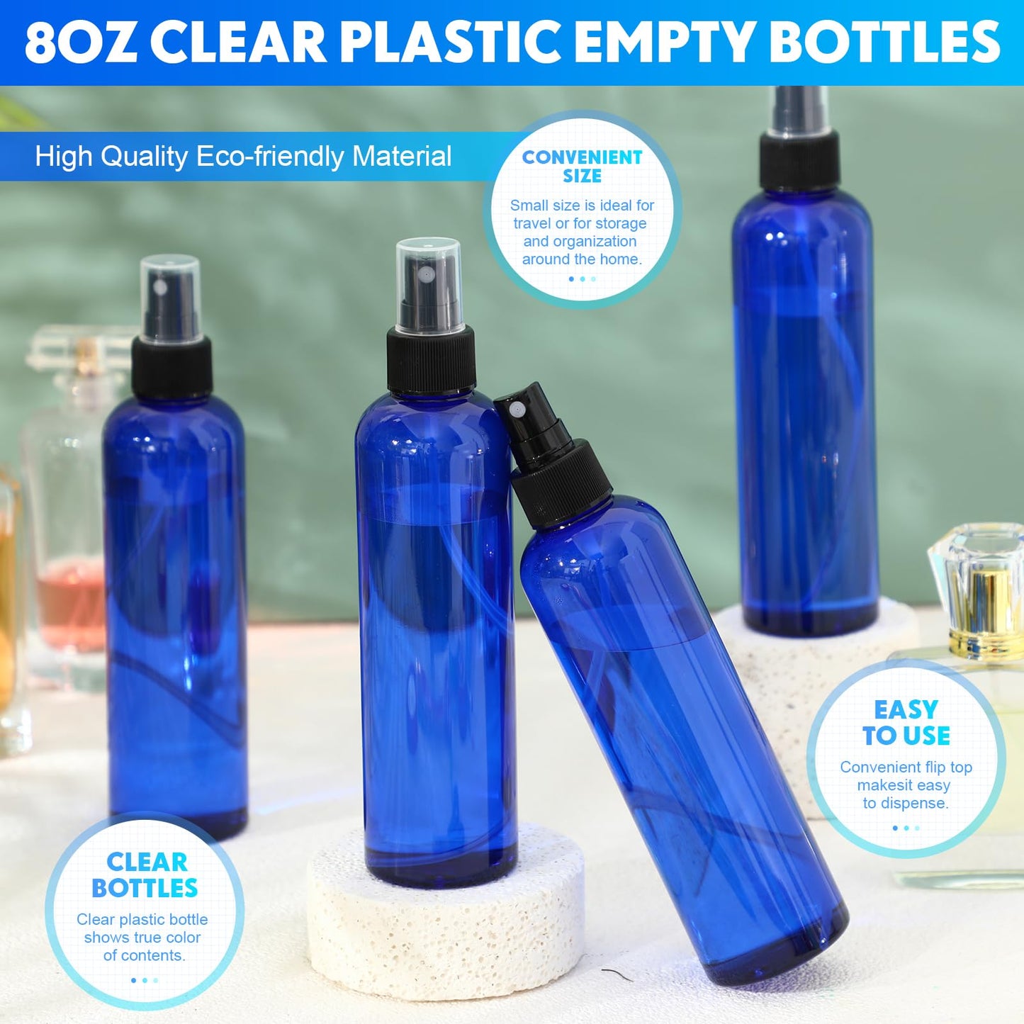 Eccliy 32 Pcs 8 oz Spray Bottles Fine Mist Spray Bottles Clear Empty Plastic Travel Bottles Refillable Mist Sprayer with Spray Cap for Oils Travel Perfumes(Blue,Colored)