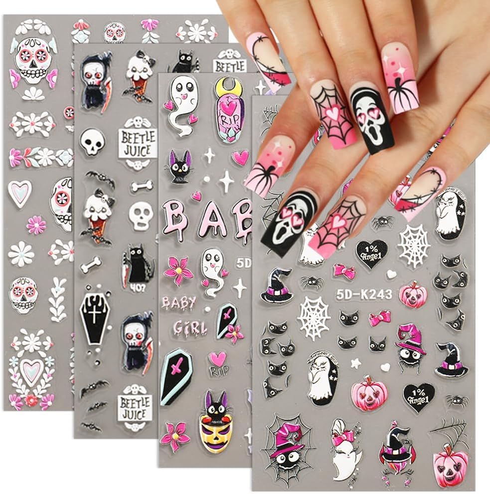 Day of The Dead Nail Stickers 5D Skull Pumpkin Head Skull Rose Ghost Spider Web Skeleton Bone Eye Design, Day of The Dead Nail SuppliesNail Art Supplies Nail Art Decoration 4 Sheets