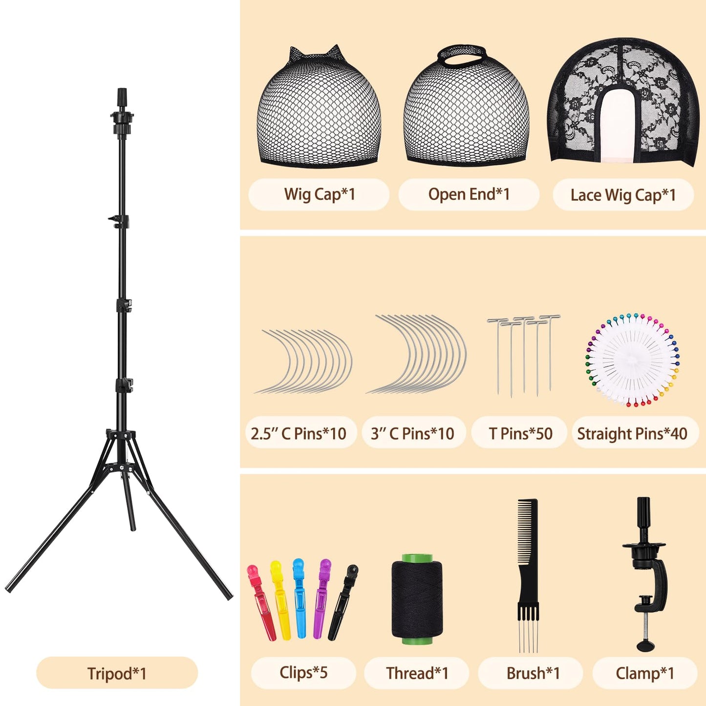 mcwdoit 23 inch Wig Stand Tripod with Head, 123pcs Wig Head Set, Mannequin Head For Wigs Styling, 110pcs Wig Pins, 3pcs Wig Caps, 5 pcs Clips, 1pc Thread Bristle and 1pc Brush Included