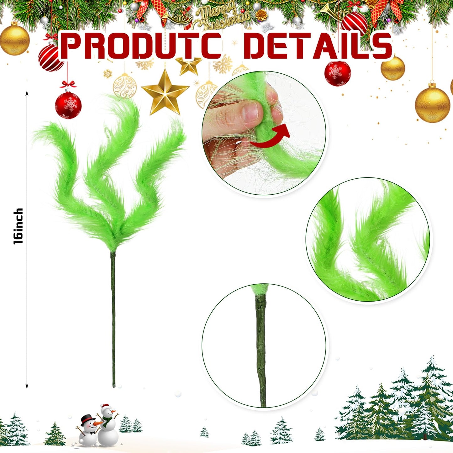 Gerrii 12 Pcs Green Furry Christmas Picks 16" Furry Spiral Curly Sprays Elf Ornaments Stems for Christmas Tree Topper Filler Branches Home Office Holiday Party Decorations