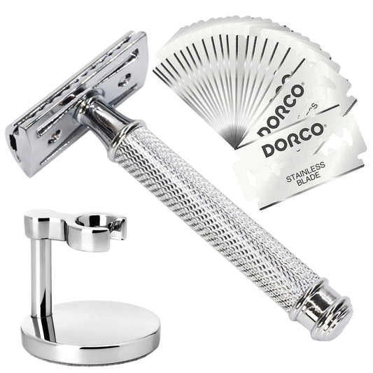 Hysotok Double Edge Safety Razor Set with 20 Blades, Mens Safety Razor with 1 Safety Razor Stand, Heavy Duty Safety Razor Kit for Men Everyday Use and Smooth Close Shave (Silvery)