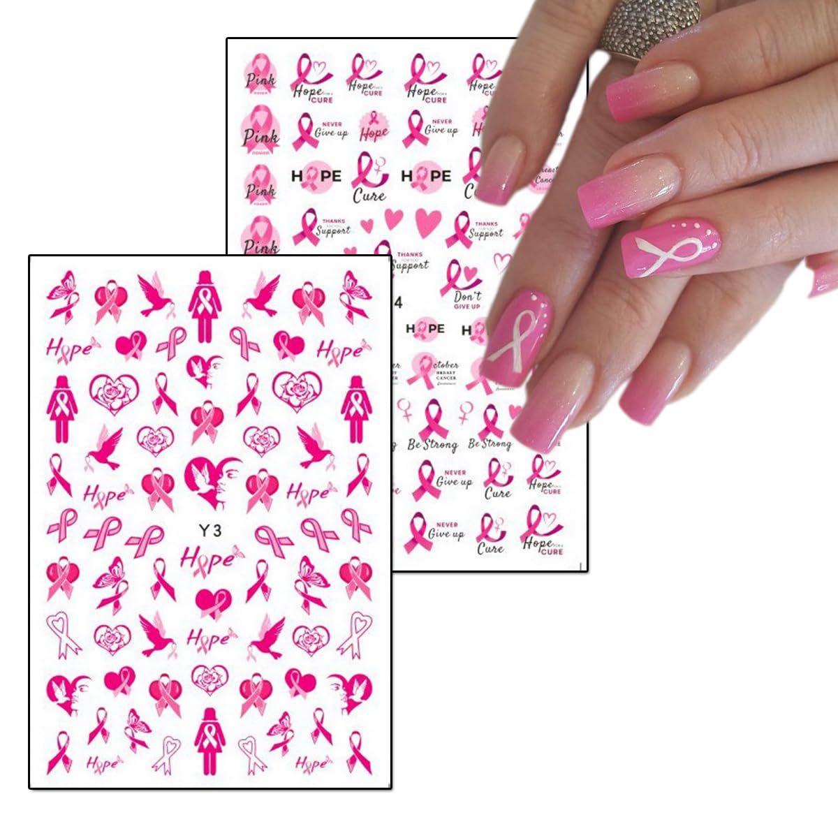 6Sheet Breast Cancer Nail Art Stickers Pink Ribbon Black Letter Nail Stickers Love Heart Design Nail DIY Breast Cancer Awareness Stickers Nail Art Design Nail Decals for Women Girls Nail Supplies.