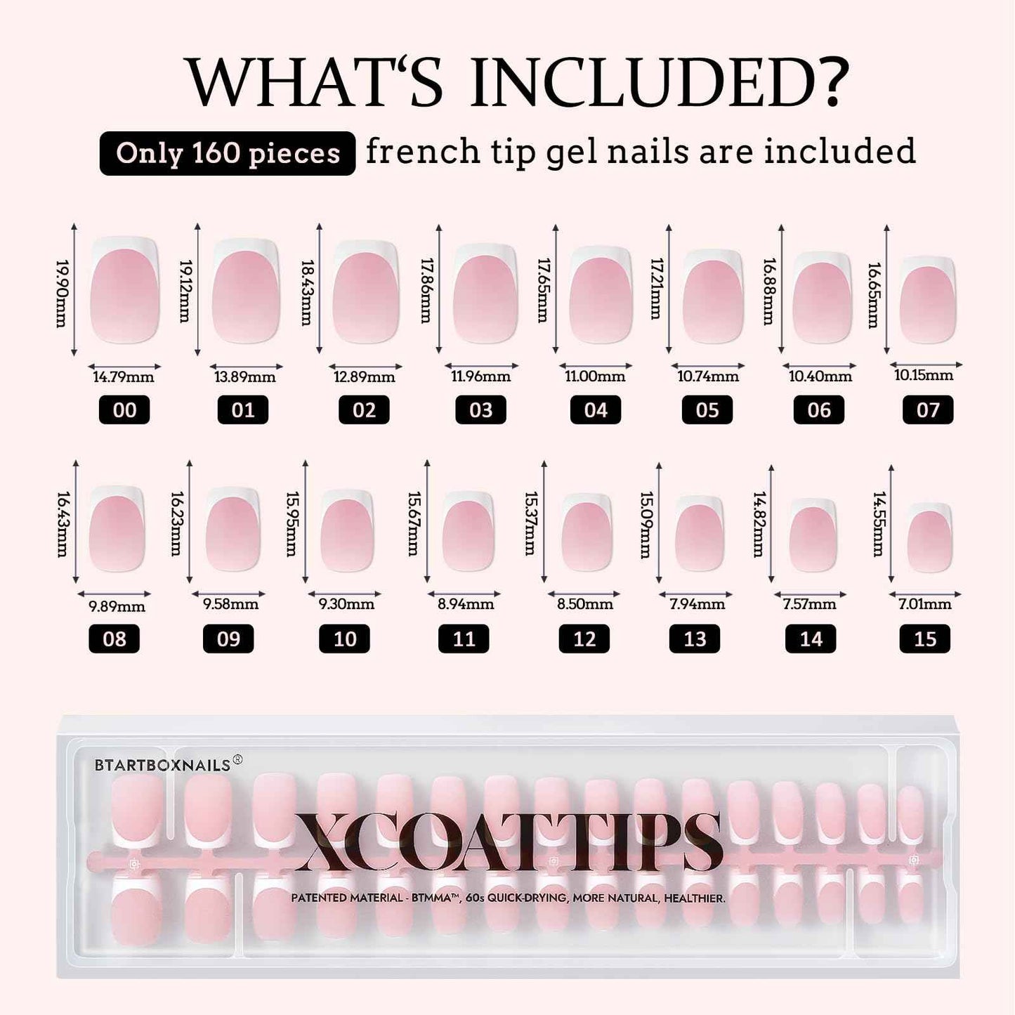 BTArtboxnails XCOATTIPS French Tip Nails - Short Press On Nails, 160 Pcs Pink Square Soft Gel Nail Tips Pre-applied Tip Primer & Base Coat, No Need File False Nails for Gift, 16 Sizes