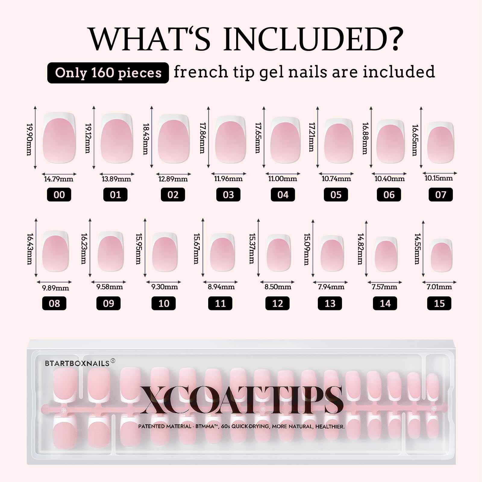 BTArtboxnails XCOATTIPS French Tip Nails - Short Press On Nails, 160 Pcs Pink Square Soft Gel Nail Tips Pre-applied Tip Primer & Base Coat, No Need File False Nails for Gift, 16 Sizes