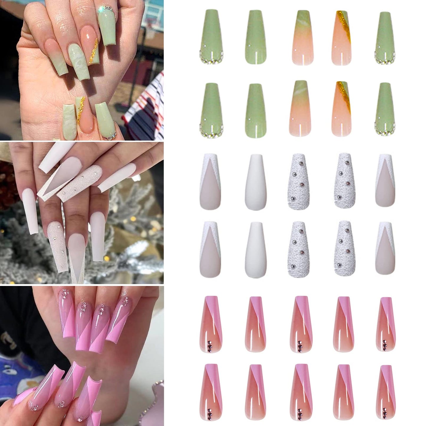 YOSOMK 3 Pack(72pcs)Gems French Tip Long Press on Nails Medium Length with Designs Pink Green Grey Graffiti False Fake Nails Press On Coffin Artificial Nails for Women Stick on Nails With Glue on Static nails