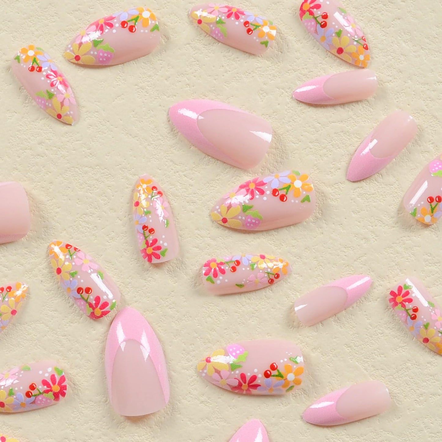 MISUD Press on Nails Medium Almond Fake Nails Glossy Glue on Nails Summer Flower Acrylic Nails Stiletto Artificial Nails Pink French Tip Stick on False Nails with Design 24 pcs