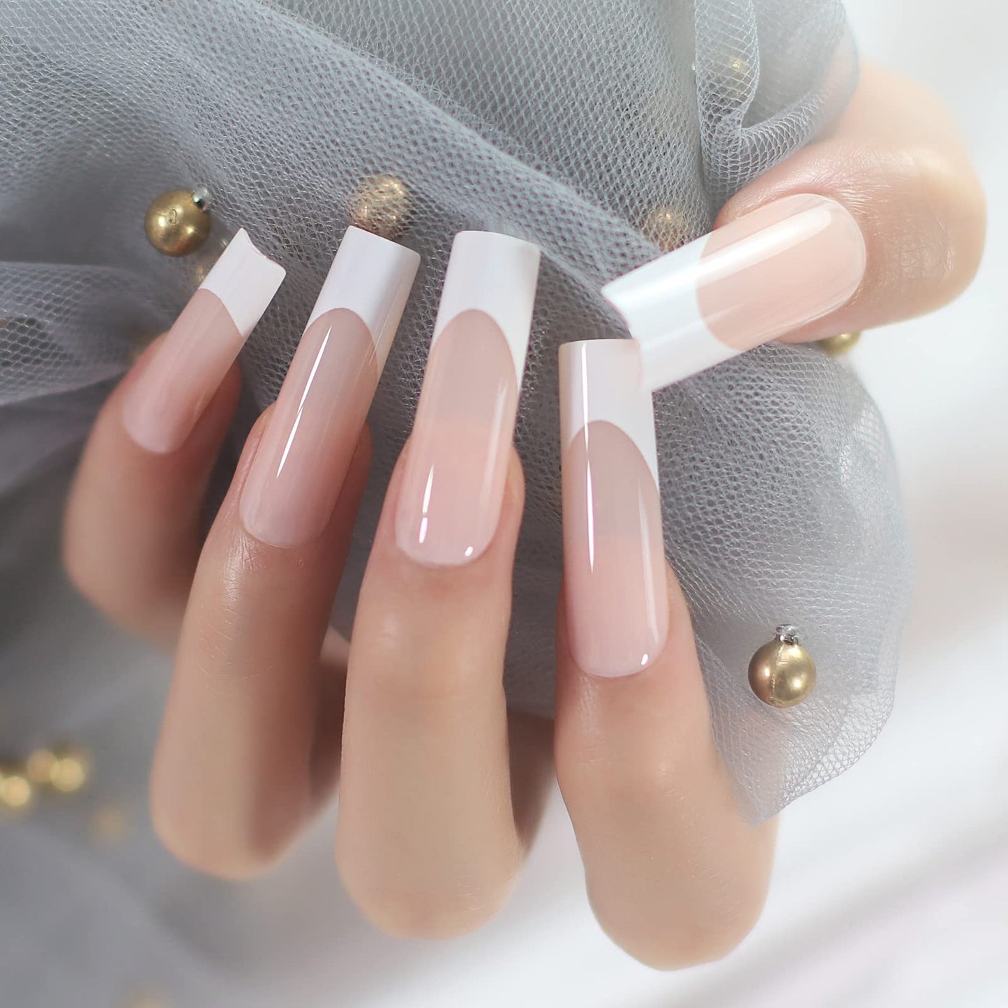 Extra Super Long Nail Tips Natural Nude White French Press on False Nails Straight Tapered Square Flat Top Full Cover Salons Fake Nails for Daily Finger Wear