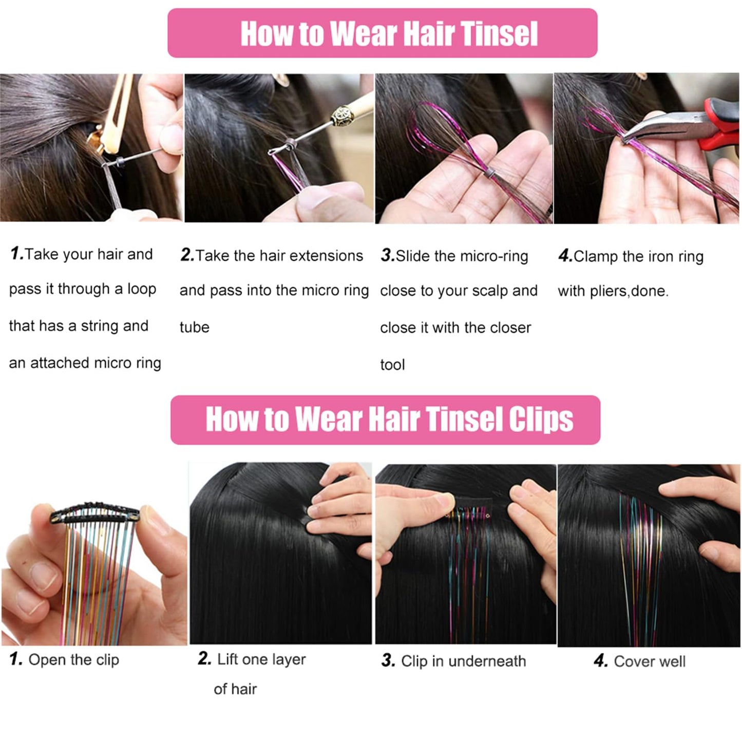 Hair Tinsel Kit 1000 Strands and 6 Pcs Clip in Hair Tinsel Glitter Tinsel Hair Extensions Heat Resistant Sparkling Fairy Hair Accessories for Kids Women Girls (Galaxy)