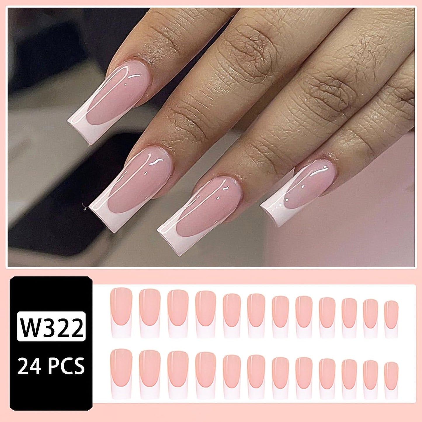 Press on Nails Medium Square Acrylic Nails French Tip Fake Nails Pink White False Nails Full Cover Artificial Glue on Nails Glossy Stick on Nails for Women Girls 24Pcs