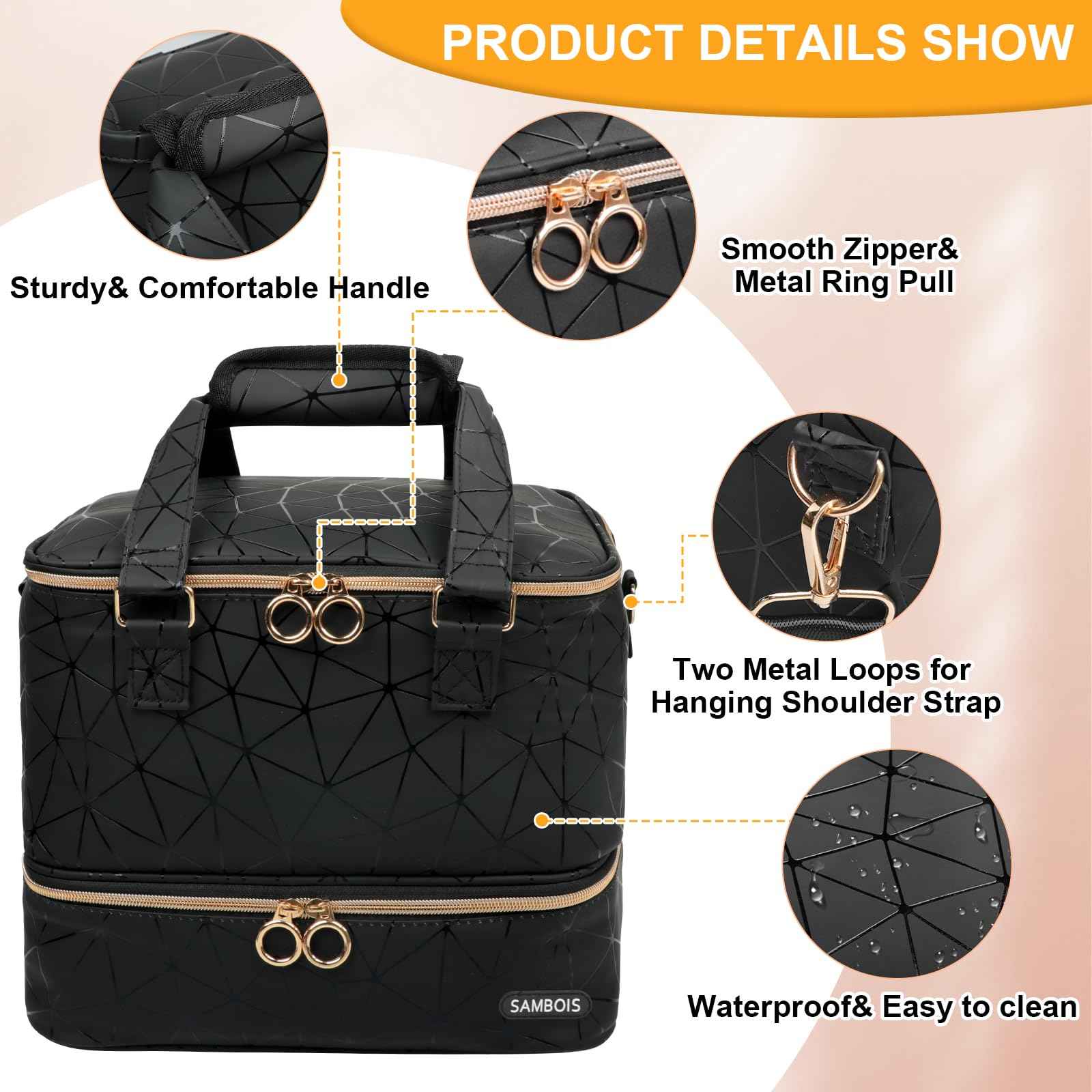 Sambois Nail Polish Organizer Bag Holds 84 Bottles (15ml/0.5 fl.oz)& Nail Lamp, PU Leather Nail Supplies Organizer with Holder& Shoulder Strap, Portable Travel Nail Kit Storage Carrying Case (Black)