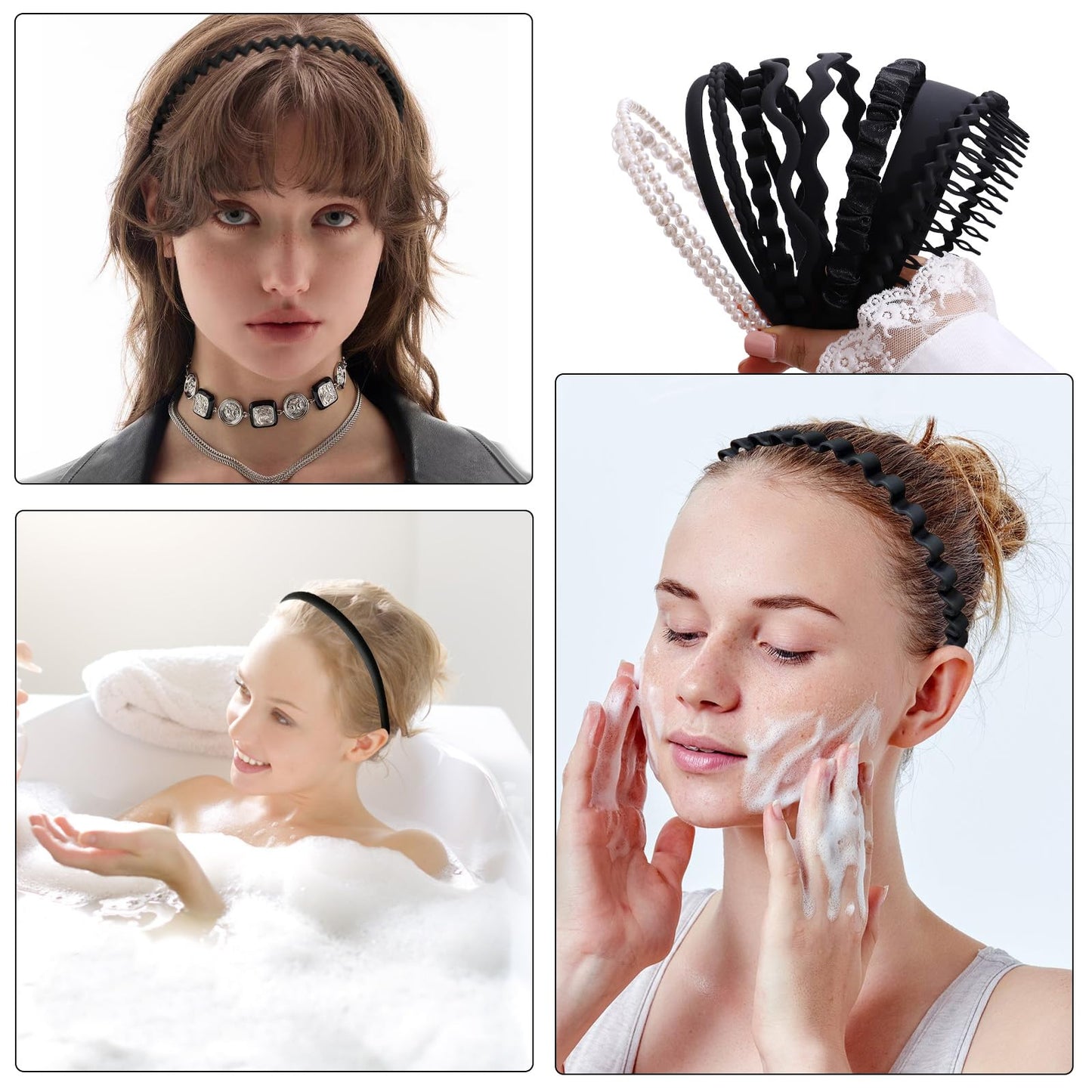 AUDTOPE 10Pcs Headbands for Women, Non Slip Plastic Headbands with Teeth Comb Hair Bands Pearl Headbands Pleated Headband Wide Thin Plastic Head Bands Hair Accessories for Women Girls, Black