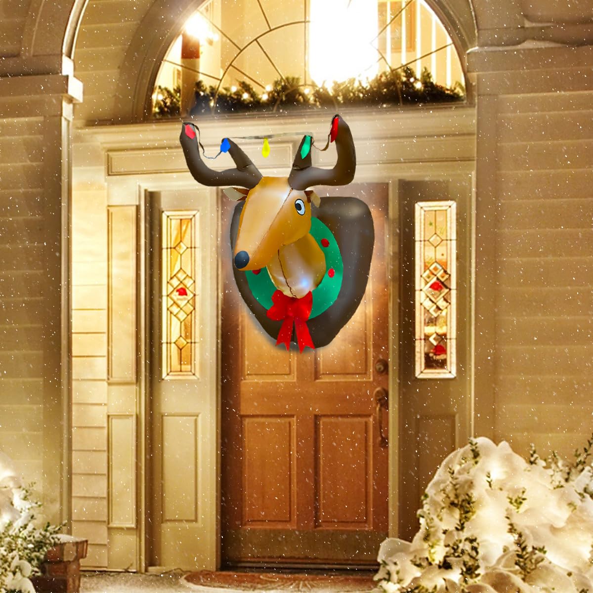 BLOWOUT FUN 3ft Inflatable Christmas Rudolph Wreath, Lighted Blow Up Reindeer with Built in LED Lights, Indoor Outdoor Xmas Holiday Decor, Light Up Front Door Window Lawn Yard Garden Decorations