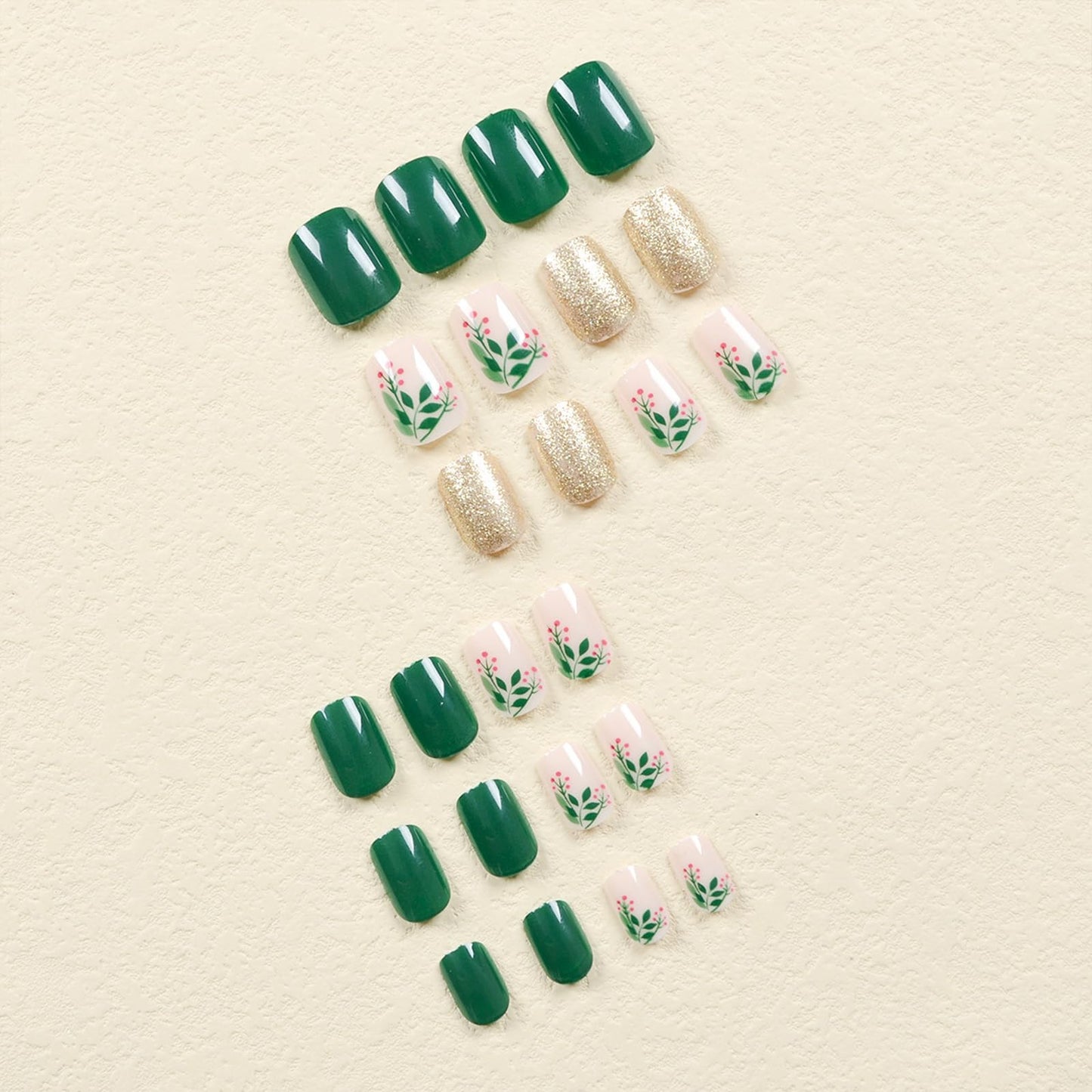 SINHOT Green Press on Nails Short Square Fake Nails Green Leaves Nails Glossy Glue on Nails Squoval Acrylic Nails Gold Glitter Arificial Nails Stick on False Nails with Design 24 pcs