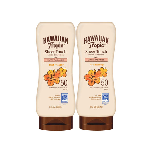 Hawaiian Tropic Sheer Touch Ultra Radiance Lotion Sunscreen SPF 50, 8oz Twin Pack | Hawaiian Tropic Sunscreen SPF 50, Sunblock, Oxybenzone Free Sunscreen, Body Sunscreen Pack, 8oz each