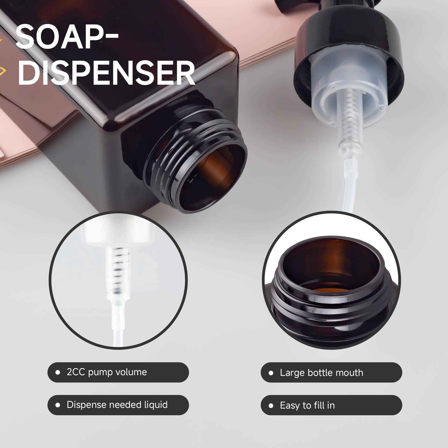 ZEJIA 15OZ Foaming Soap Dispenser, 2-Pack Plastic Hand Soap Dispenser, Refillable Leakproof Foam Pump Bottle with Waterproof Labels, for Shampoo, Body Wash