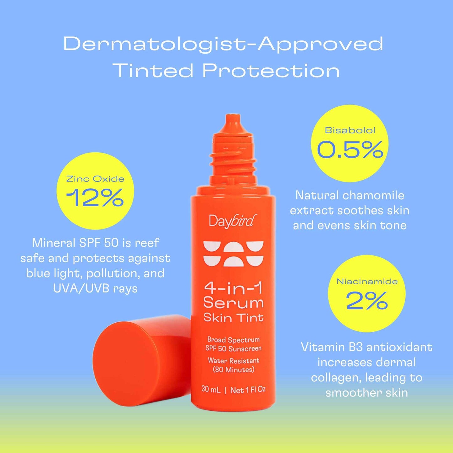 Daybird 4 in 1 Tinted Serum, Tinted Moisturizer and Sunscreen for Face, SPF 50+ Niacinamide, 1 Ounce (light)