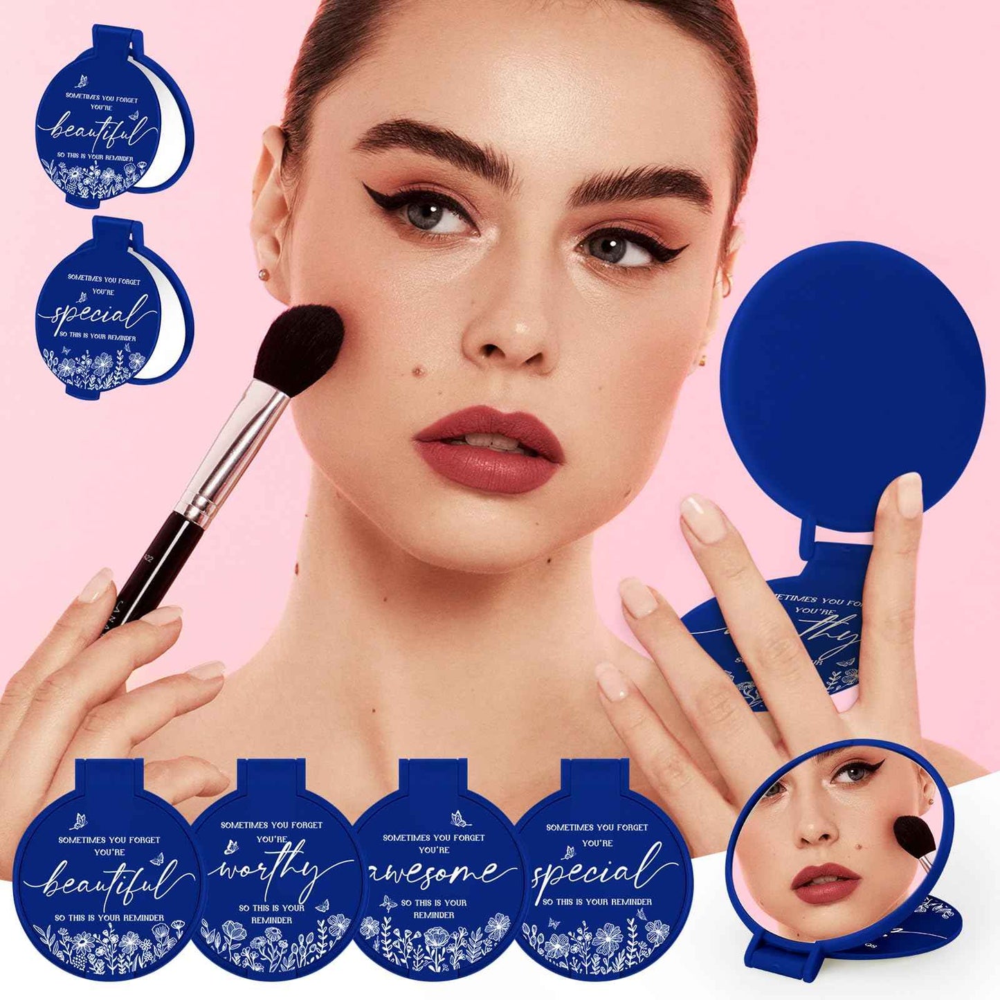 HSDSH 100 Pcs Inspirational Compact Mirror Bulk Small Pocket Mirror Purse Round Portable Folding Makeup Mirror Thanksgiving for Women Coworker Employee Teacher(Blue)