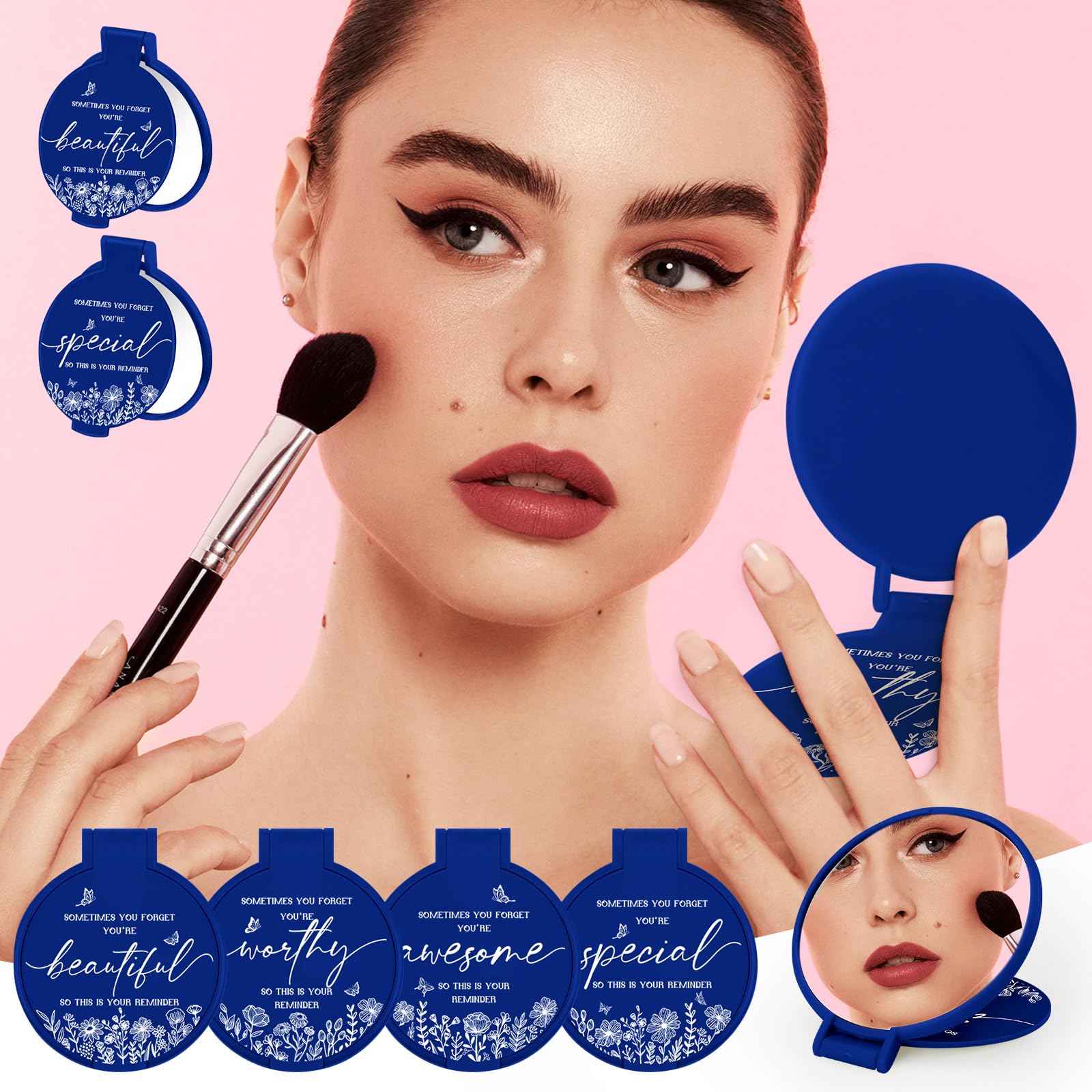 HSDSH 100 Pcs Inspirational Compact Mirror Bulk Small Pocket Mirror Purse Round Portable Folding Makeup Mirror Thanksgiving for Women Coworker Employee Teacher(Blue)