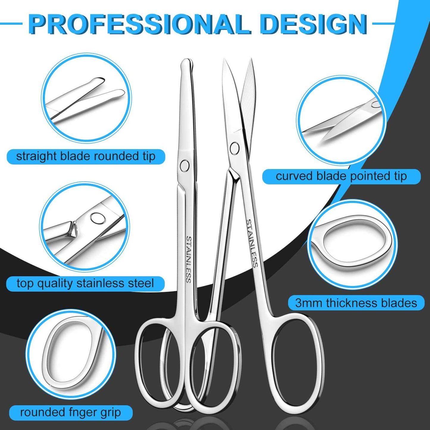 Men's and Women's Facial Hair Small Scissors, Eyebrow, Nose, Beard, Whisker, Eyelash, Ear Hair Trimming Set, Curved and Rounded Safety Tip Scissors for Haircutting 2pcs