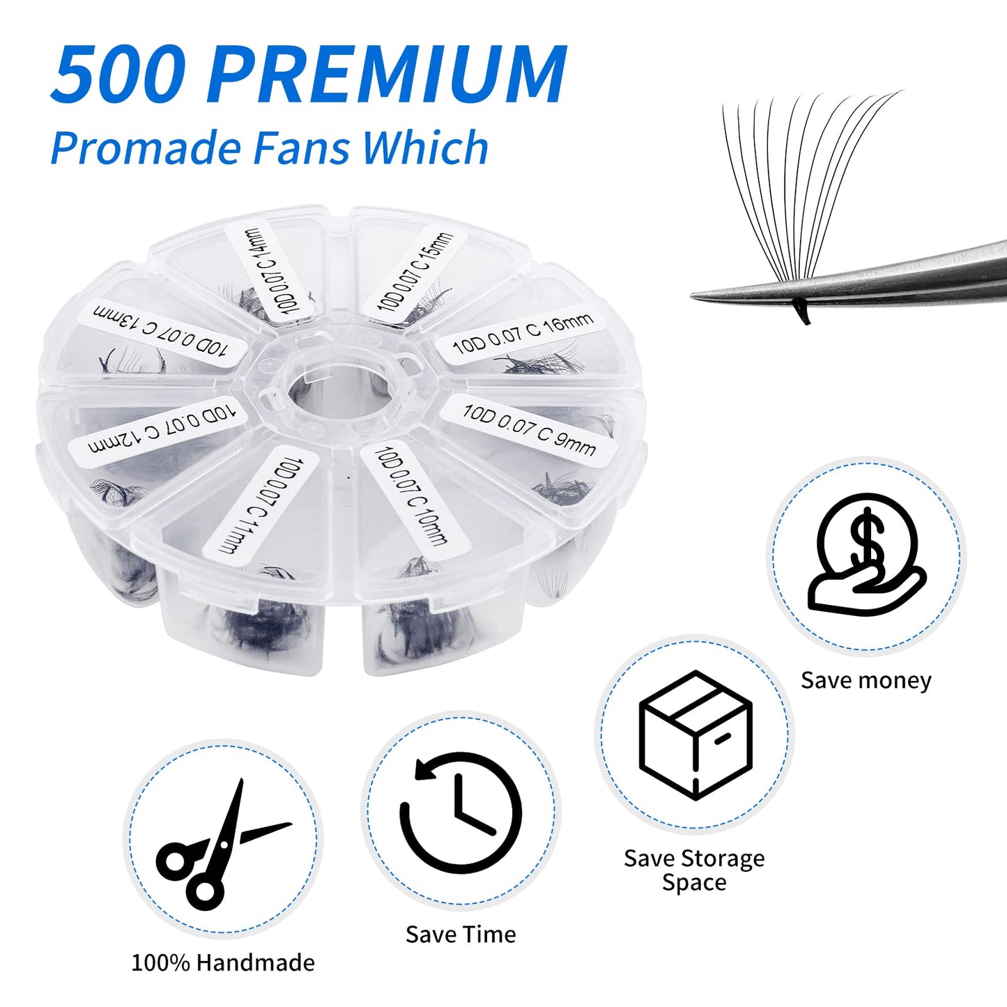 Volume Lash Extensions 10D Premade Fans Eyelash Extensions 500 PCS 0.07mm Thickness 9-16mm Mixed C/D Curl Short Stem Premade Volume Eyelash Extensions Pointed Base Fans by WENDY LASHES (500PCS-10D-0.07-C, 9-16mm Mixed Tray)