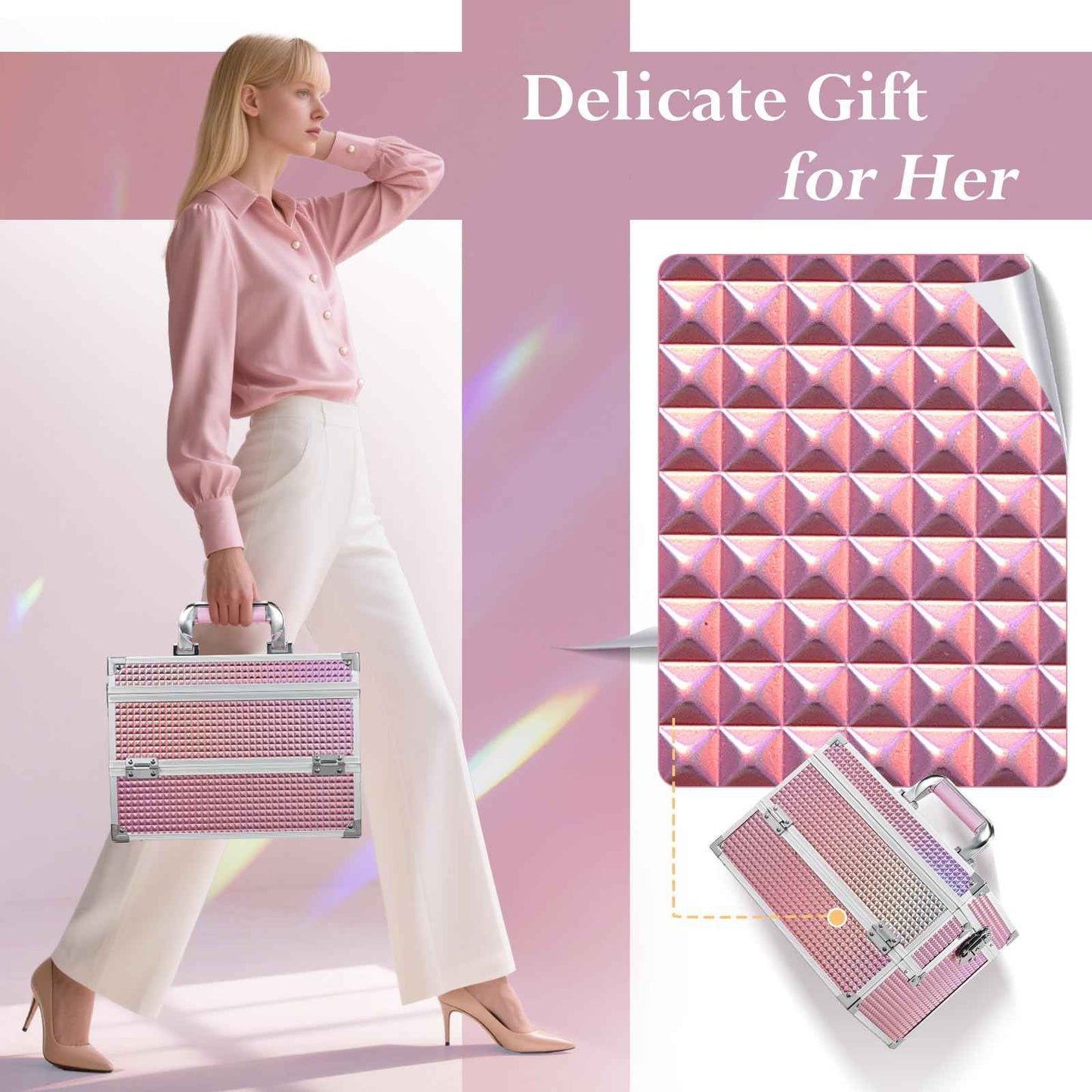 Joligrace Large Makeup Box Organizer, 12 Inch Makeup Train Case with Mirror, Cosmetic Travel Case with 3 Trays, Lockable Train Case for Makeup Artists & Nail Tech Supplies Pink