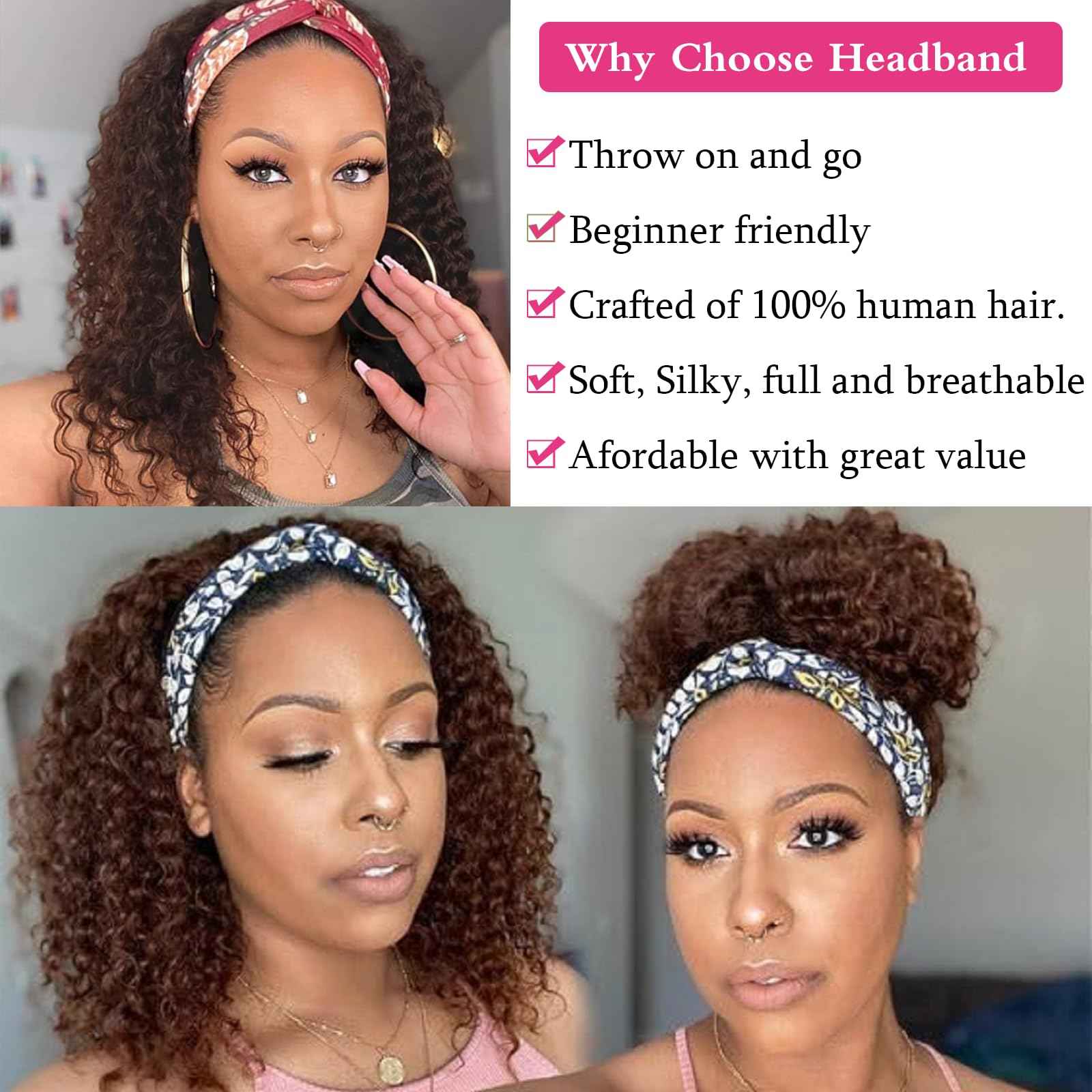 Lauberita Chocolate Brown Headband Wig Human Hair for Women #4 Deep Wave Headband Wig Glueless Curly Human Hair Wig 14 Inch