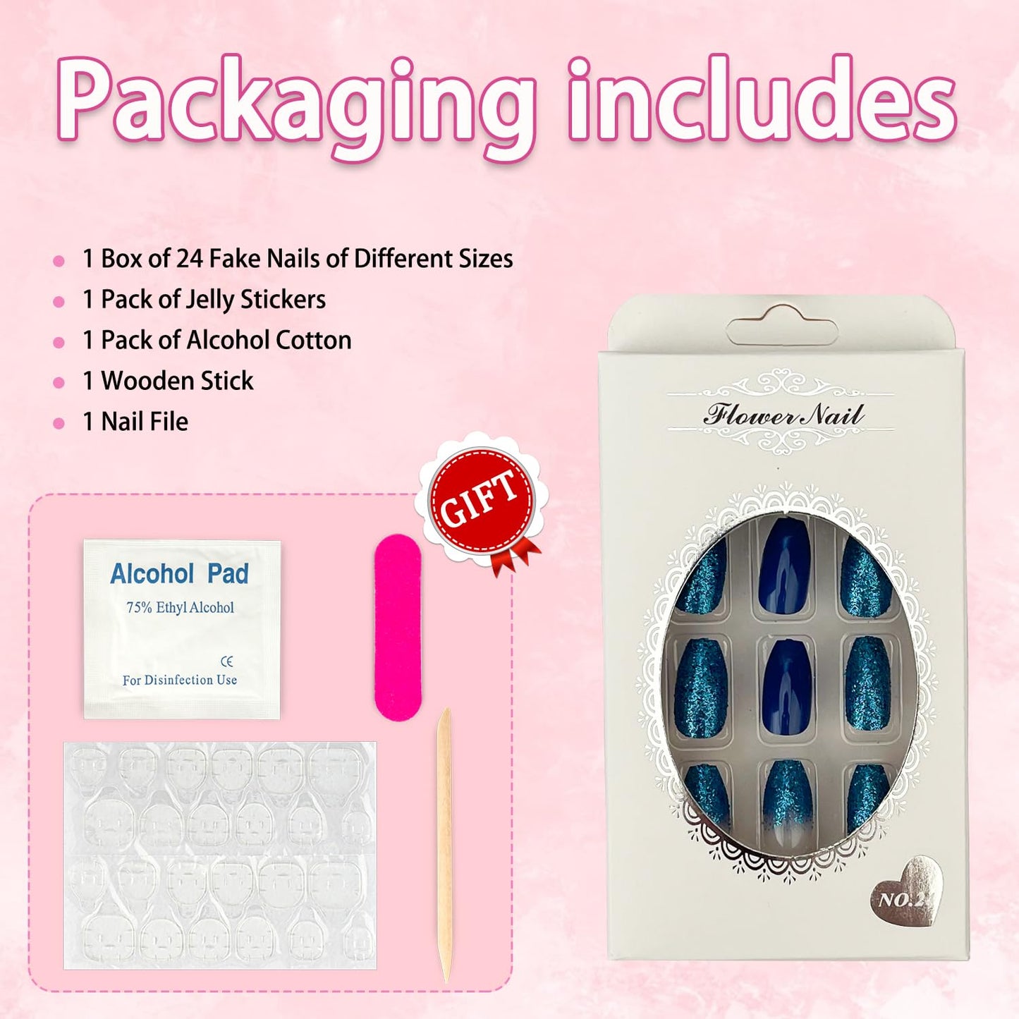 Sokfone Press on Nails Medium Coffin False Nails Blue Glitter Fake Nails Gradient with Design Stick Glue on Nails Full Cover Reusable Nail Decorations for Women 24Pcs