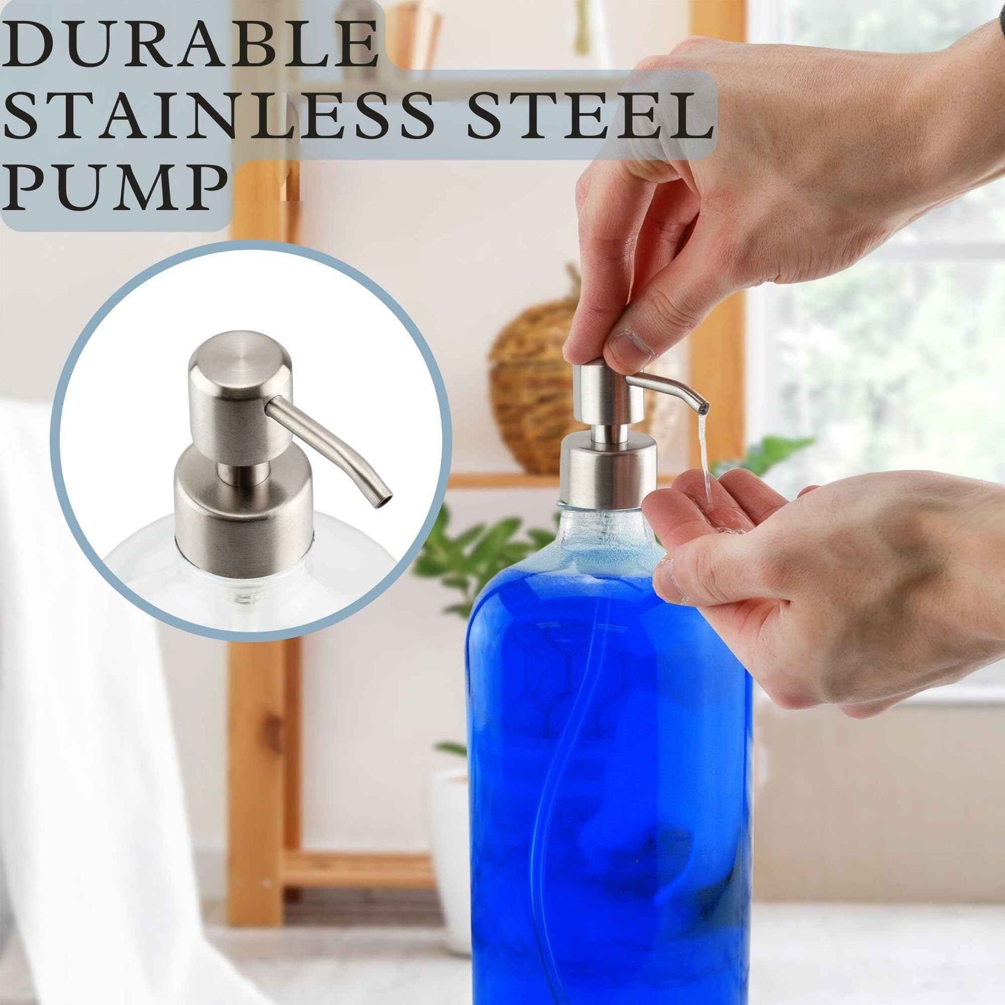 Cornucopia Brands 32oz Glass Pump Bottles w/Stainless Steel Pump (2-Pack, Clear); Economy Size Soap Dispenser for Massage Oils, Lotions, Liquid Soaps