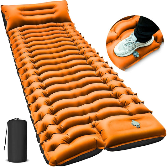 Camping Sleeping Pad, Ultralight Camping Mat with Pillow Built-in Foot Pump Inflatable Sleeping Pads Compact for Camping Backpacking Hiking Traveling - Orange