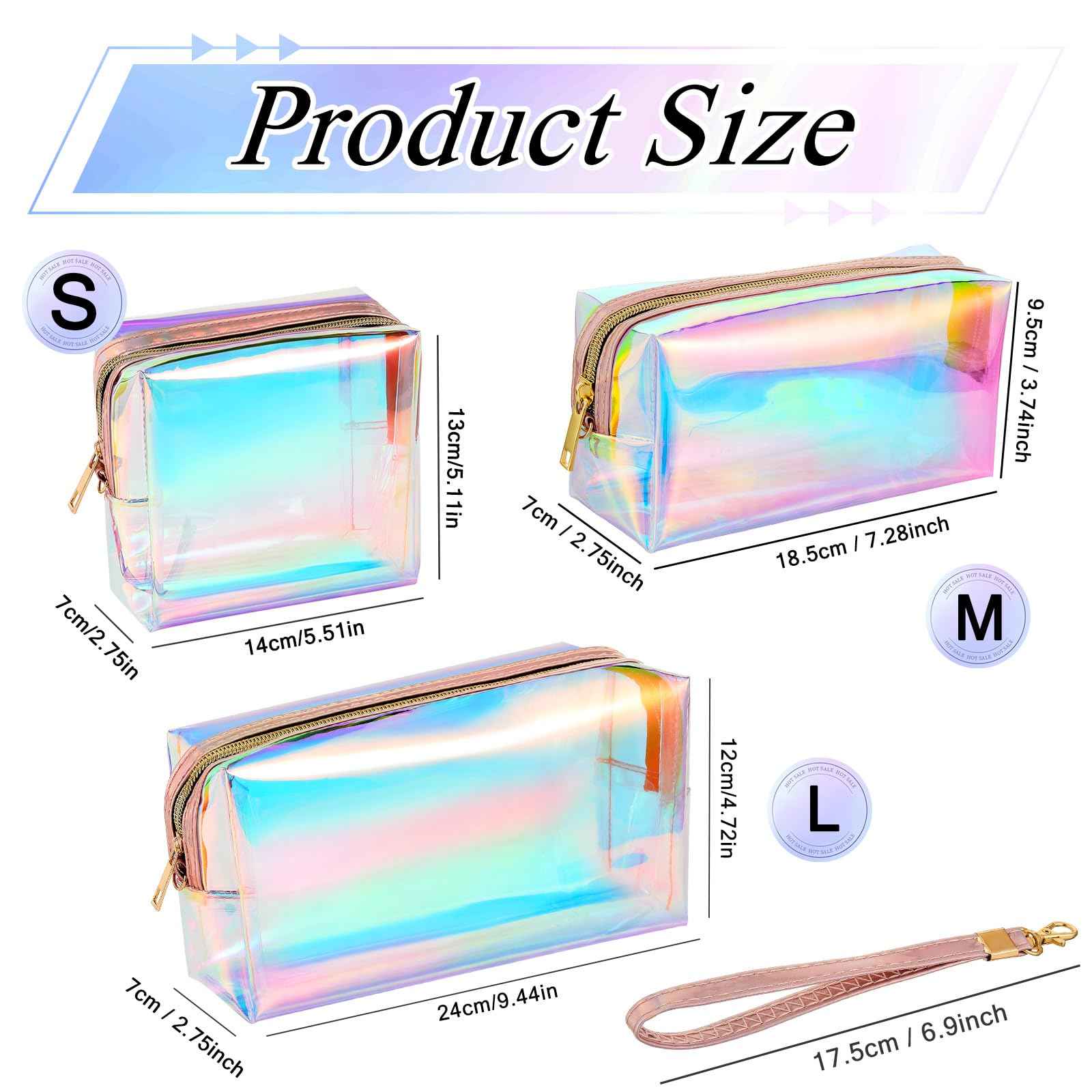 Dunzy 8 Pcs Holographic Iridescent Clear Makeup Bags with Zipper Travel Cosmetic Pouches with Wrist Loop Waterproof Toiletry Organizer Case Home Office Beach Pouch Purse Diaper Vacation Gift Bag(M)