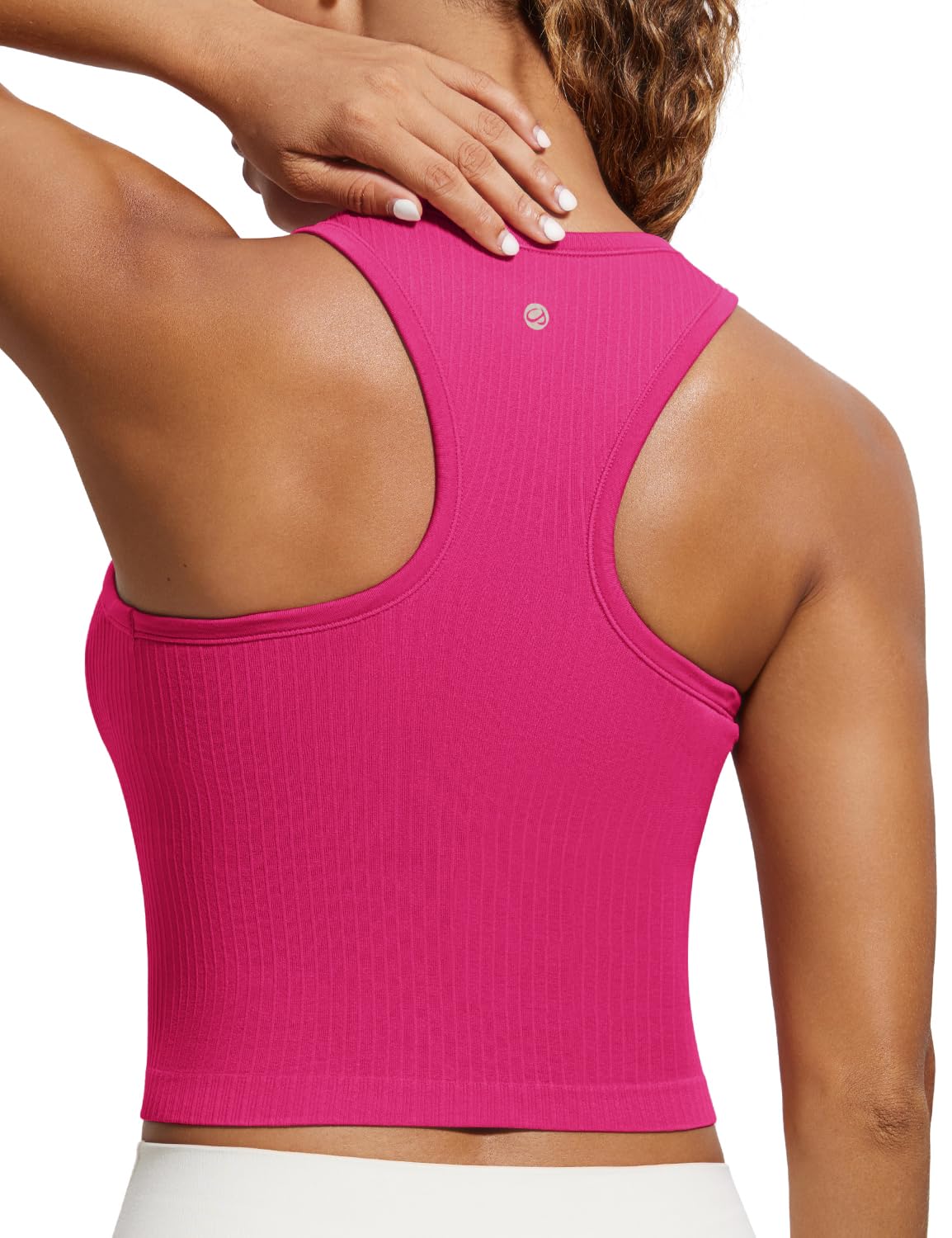 CRZ YOGA Womens Seamless Ribbed Longline High Neck Sports Bra - Racerback Padded Slim Fit Crop Tank Top with Built in Bra Granita Pink XX-Small