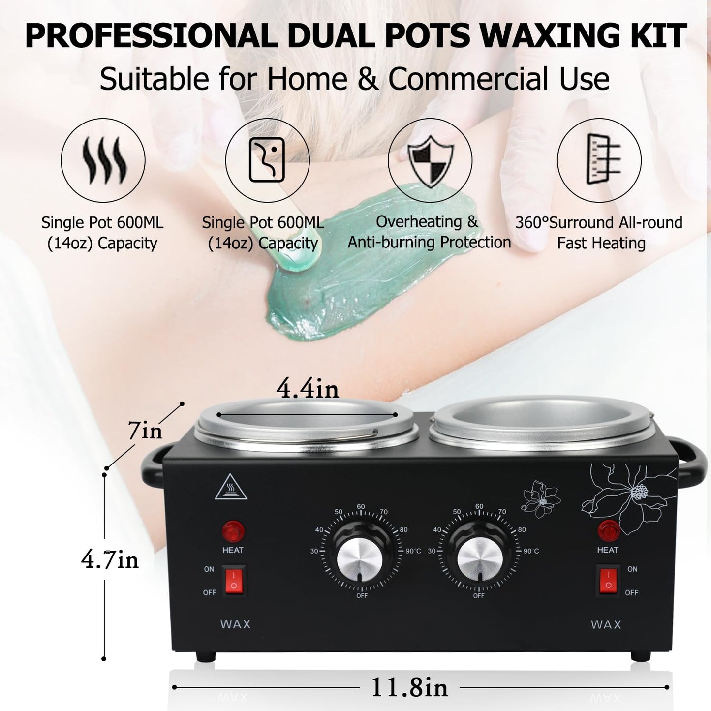 Non-Stick Hair Removal Wax Warmer with Adjustable Temperature - Large Professional Double Pot for Salon and Home Use, Includes 100 Wax Sticks