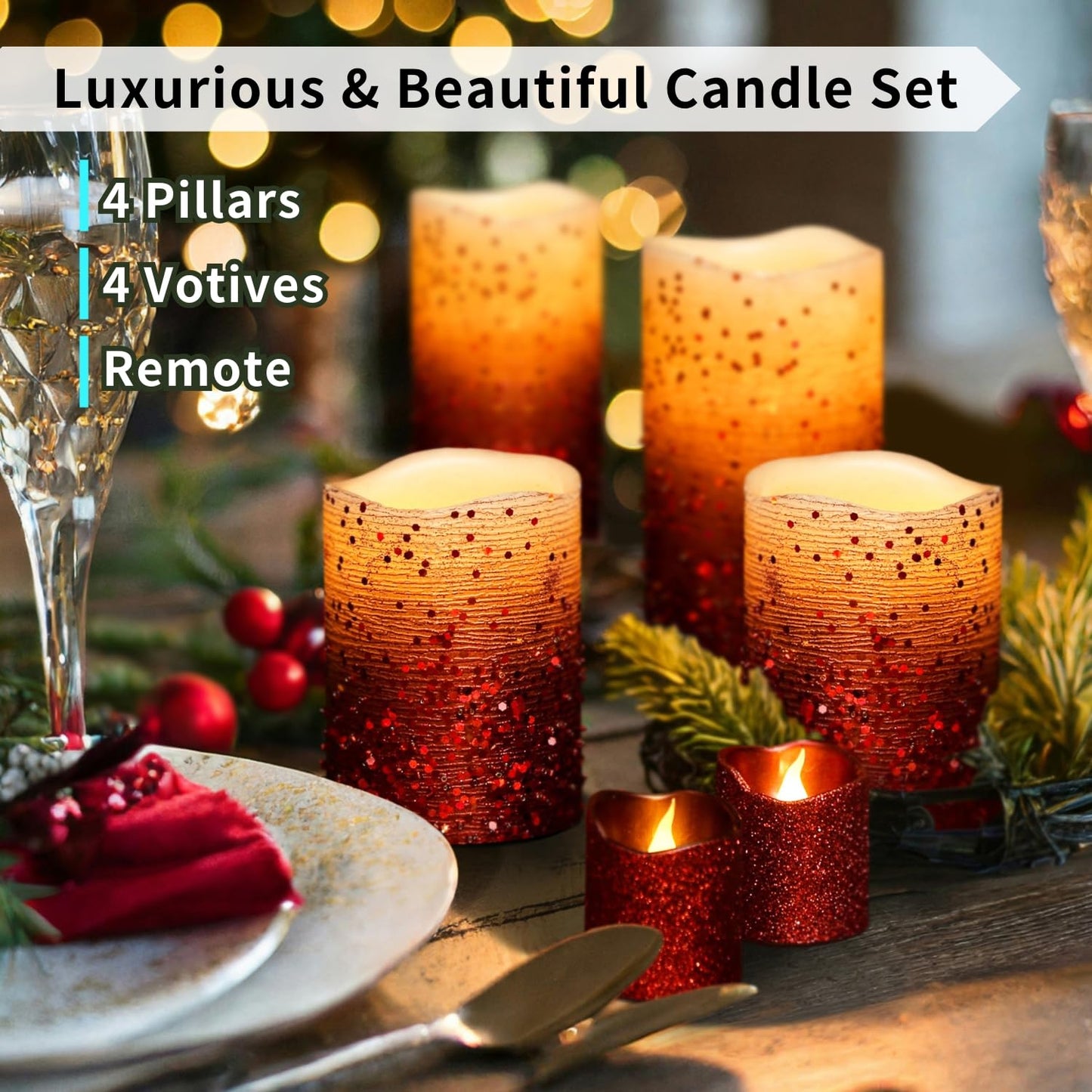 FURORA LIGHTING Red Glitter Real Wax LED Candles with Remote and 6/18 Timer, 4 Pillars and 4 Votives Pack of 8, Flameless Flickering Candles for Home Décor, Battery Included