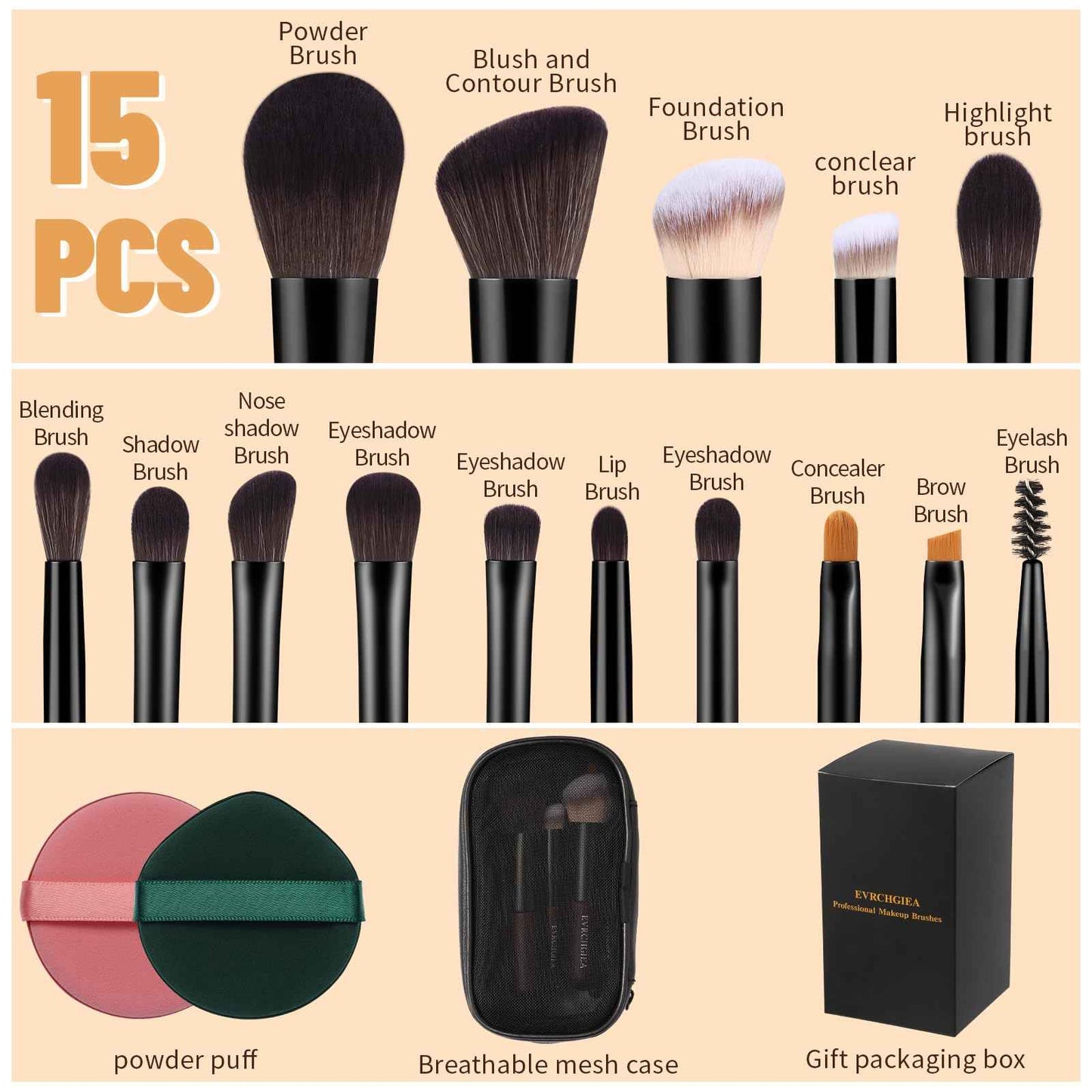 Travel Makeup Brush Set, 15 pcs Mini Makeup Brushes and 2 Puff for Foundation, Powder, Eyeshadow, Highlight, Contour, Blush & Concealer, Small Makeup Brush Set Purse Size with Case (black and brown)