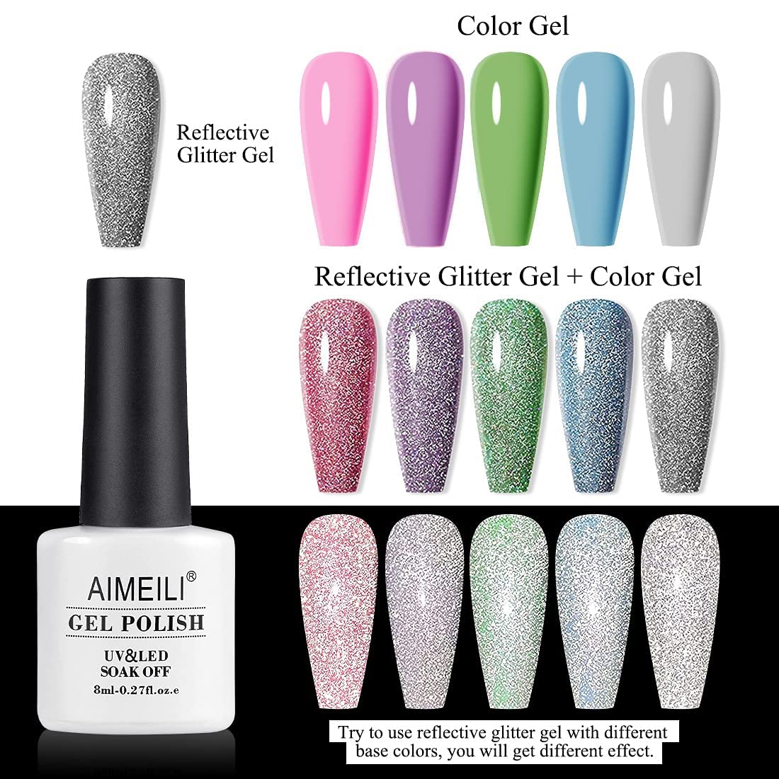 AIMEILI Reflective Gel Nail Polish Soak Off Reflective Glitter Gel Polish Holographic Diamond Glitter Nail Polish Kit Set of 12pcs X 8ml - Kit Set 7