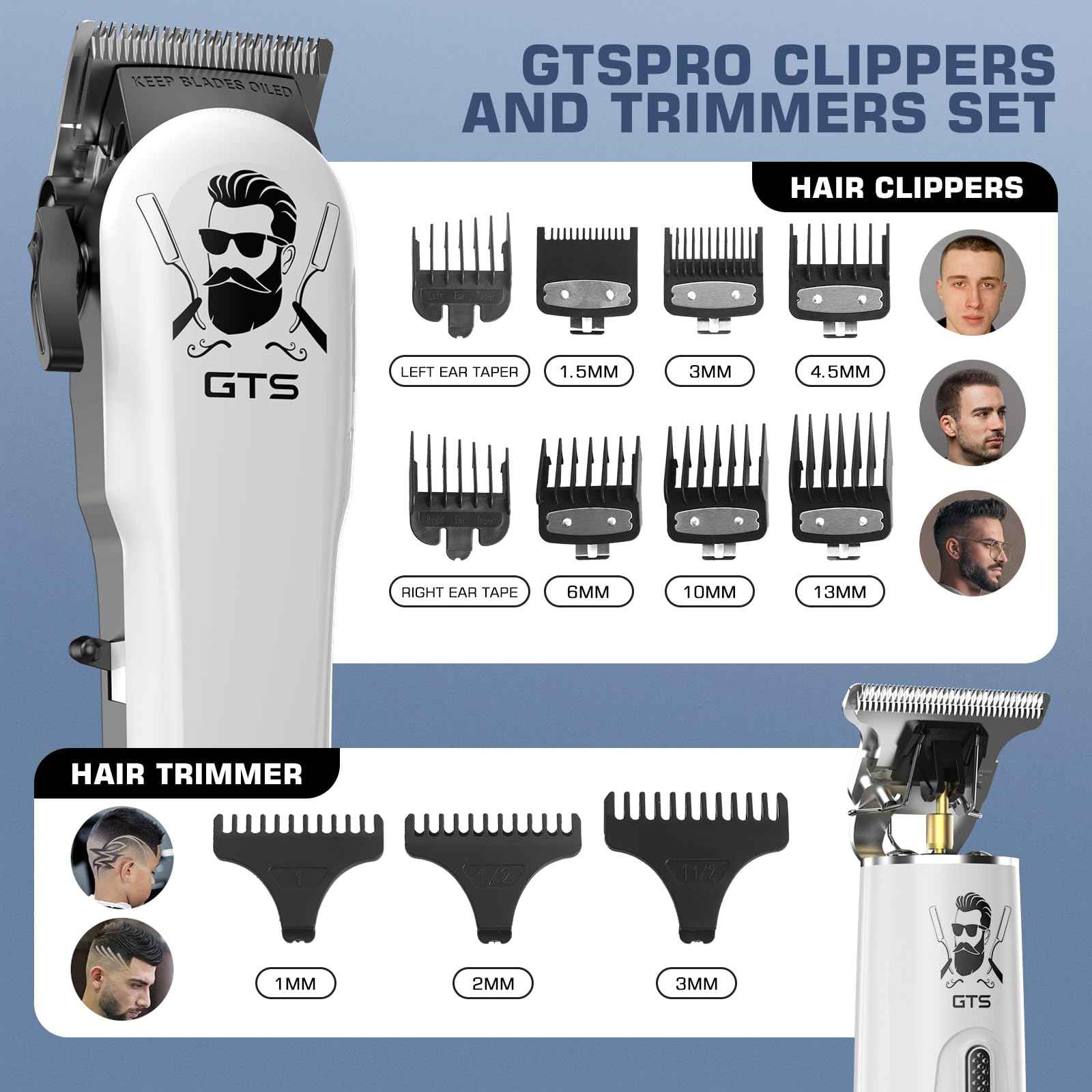 GTSPro Hair Clippers for Men, Clippers and Trimmers Set, Barber Clippers, Electric Hair Trimmer with Box, Gifts for Men White