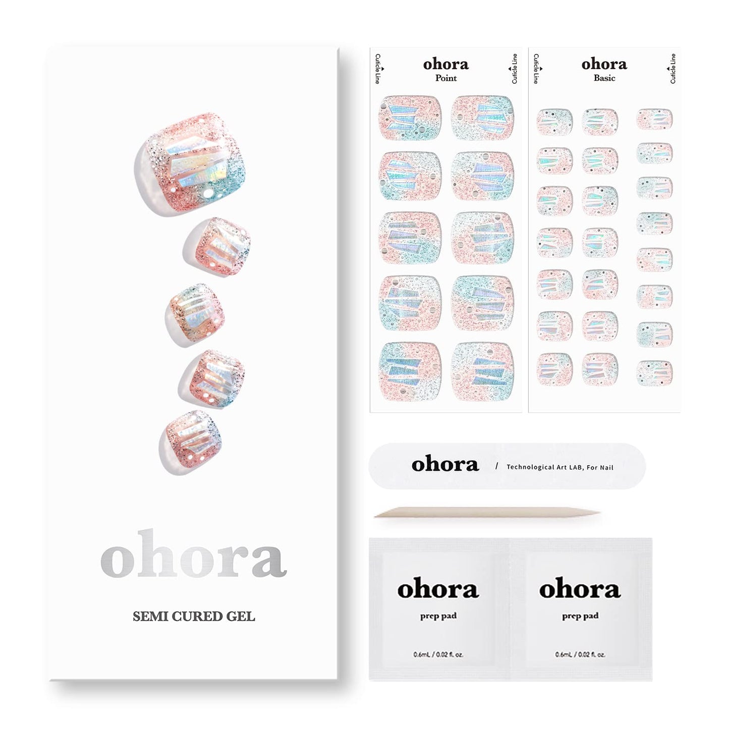 ohora Semi Cured Gel Nail Strips (P Diamant) - Nude, Glitter, Works with Any UV/LED Nail Lamps, Salon-Quality, Long Lasting, Easy to Apply & Remove - Includes 2 Prep Pads, Nail File & Wooden Stick